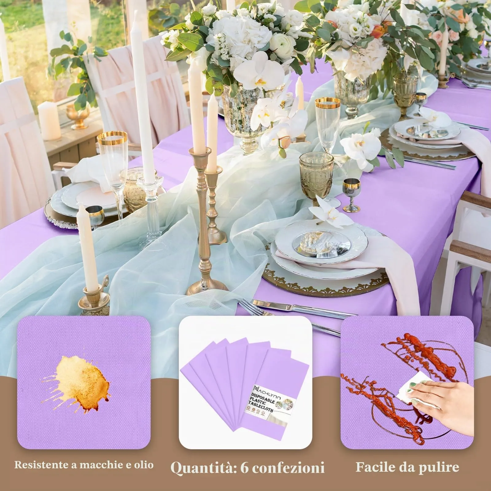 NACHLYNN Confezione da 6 tovaglie in plastica usa e getta, 137 x 274 cm, color lavanda, rettangolari, per feste, fidanzamenti, matrimoni, battesimi, compleanni, decorazioni - immagine 3