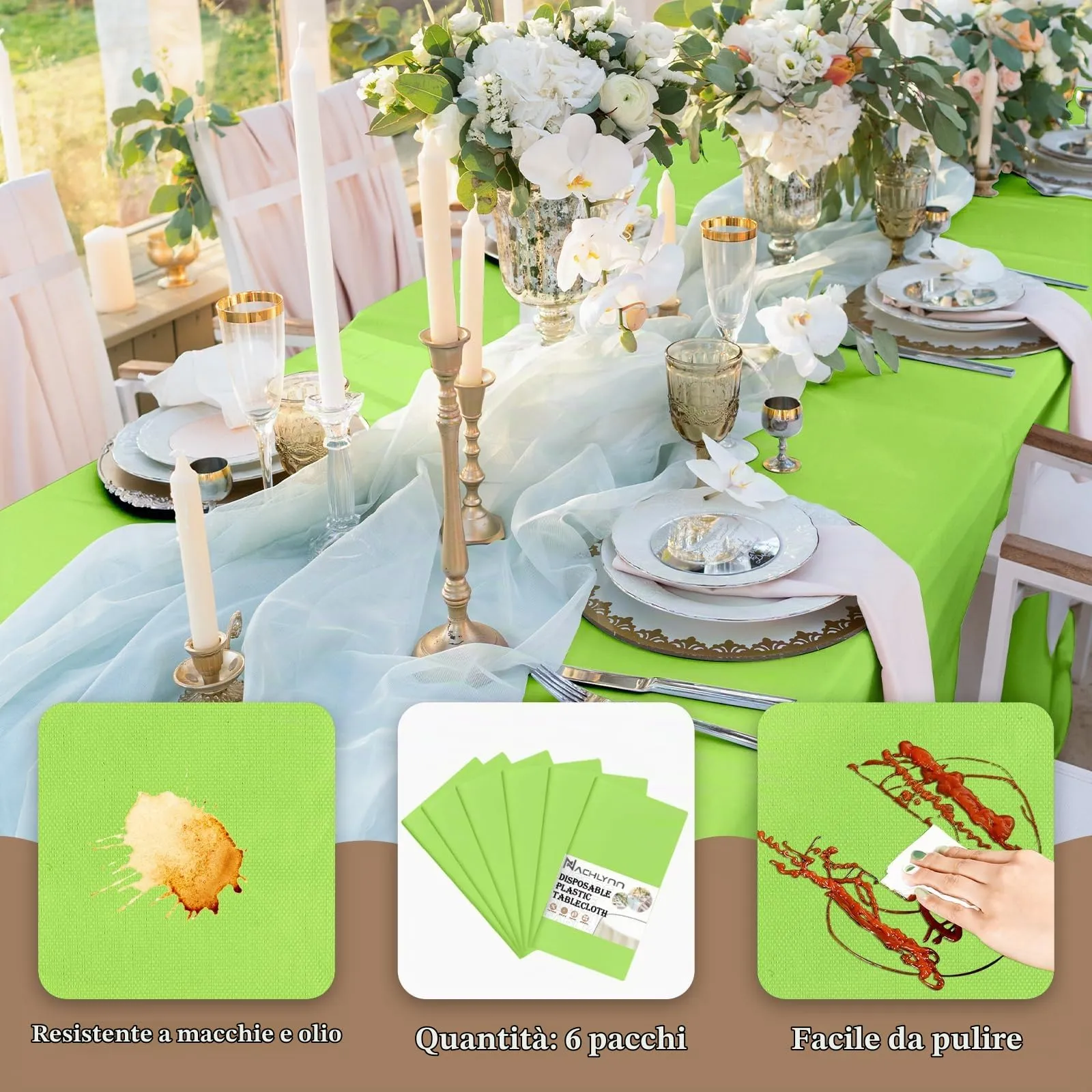 NACHLYNN Confezione da 6 tovaglie in plastica usa e getta, 137 x 274 cm, colore verde salvia, rettangolari, per feste, fidanzamenti, matrimoni, battesimi, compleanni, decorazioni - immagine 3