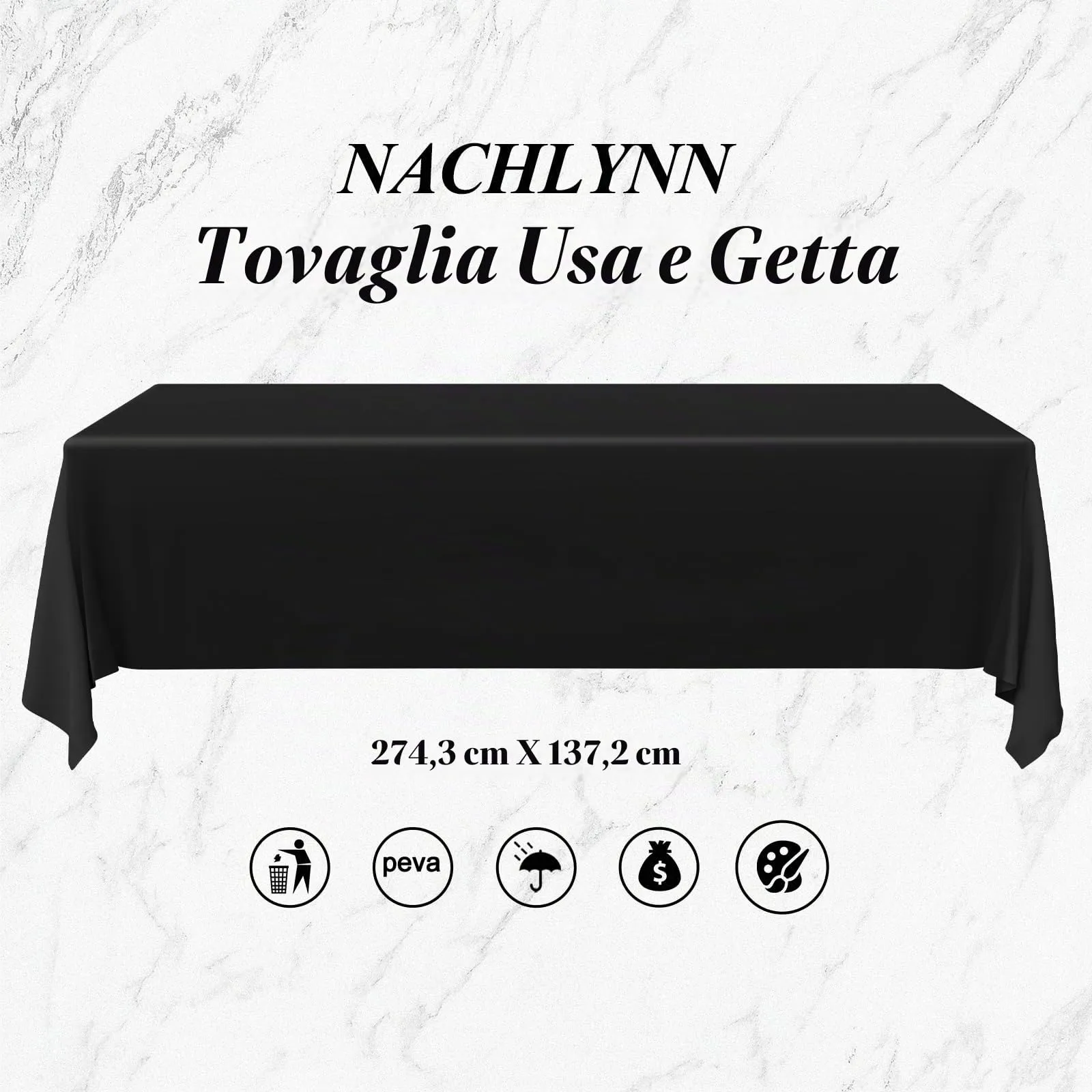NACHLYNN Confezione da 6 tovaglie in plastica usa e getta, 137 x 274 cm, colore nero, rettangolari, per feste, fidanzamenti, matrimoni, battesimi, compleanni, decorazioni - immagine 2