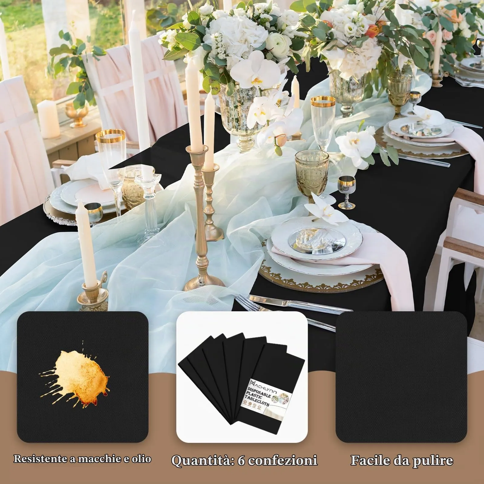 NACHLYNN Confezione da 6 tovaglie in plastica usa e getta, 137 x 274 cm, colore nero, rettangolari, per feste, fidanzamenti, matrimoni, battesimi, compleanni, decorazioni - immagine 3
