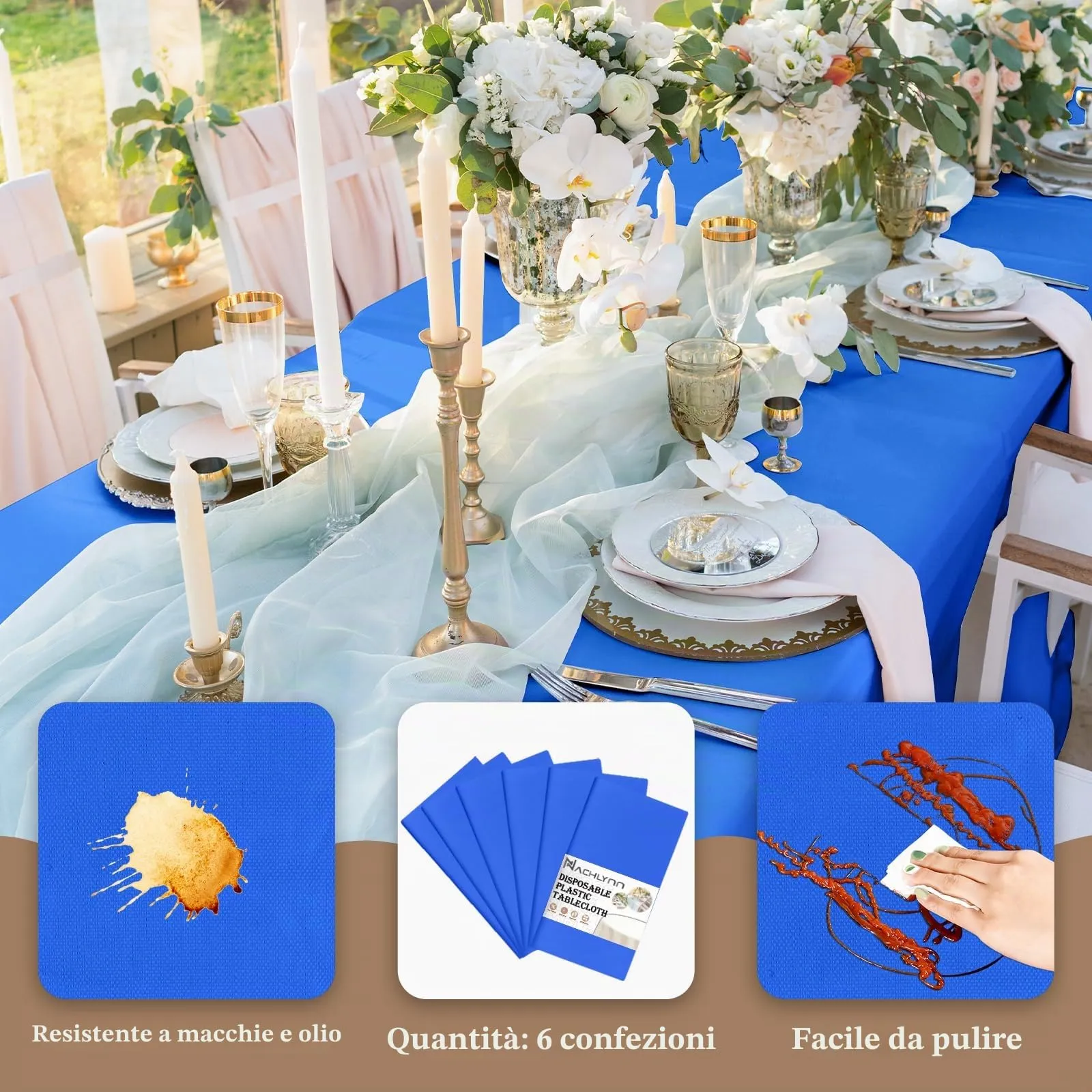NACHLYNN Confezione da 6 tovaglie in plastica usa e getta, 137 x 274 cm, colore blu scuro, rettangolari, per feste, fidanzamenti, matrimoni, battesimi, compleanni, decorazioni - immagine 3