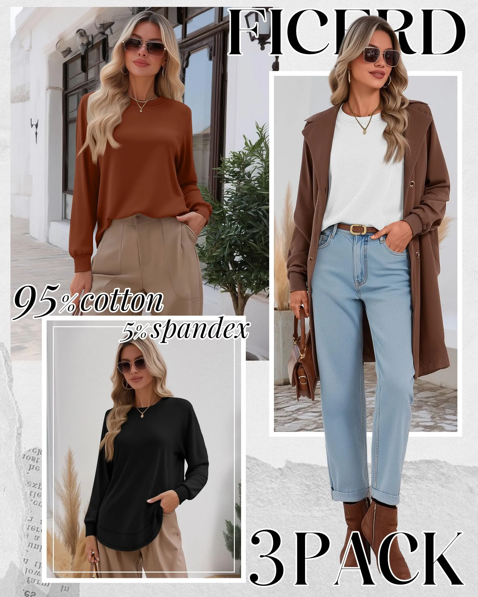Ficerd Confezione da 3 Magliette Donna a Maniche Lunghe, Tunica Girocollo Cotone, vestibilità Ampia e Casual, Orlo Curvo(Nero, Caramello, Bianco,M) - immagine 2