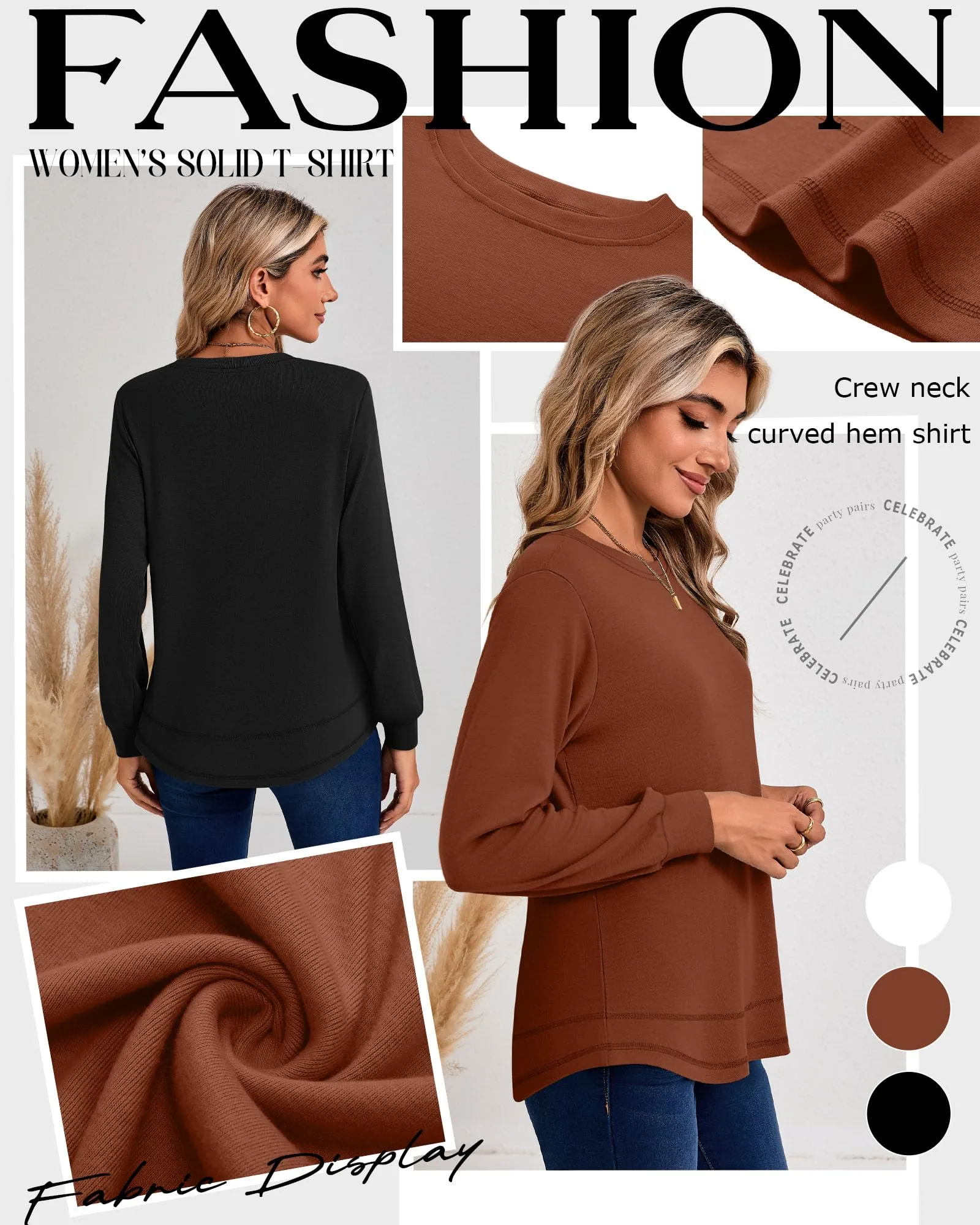 Ficerd Confezione da 3 Magliette Donna a Maniche Lunghe, Tunica Girocollo Cotone, vestibilità Ampia e Casual, Orlo Curvo(Nero, Caramello, Bianco,M) - immagine 4