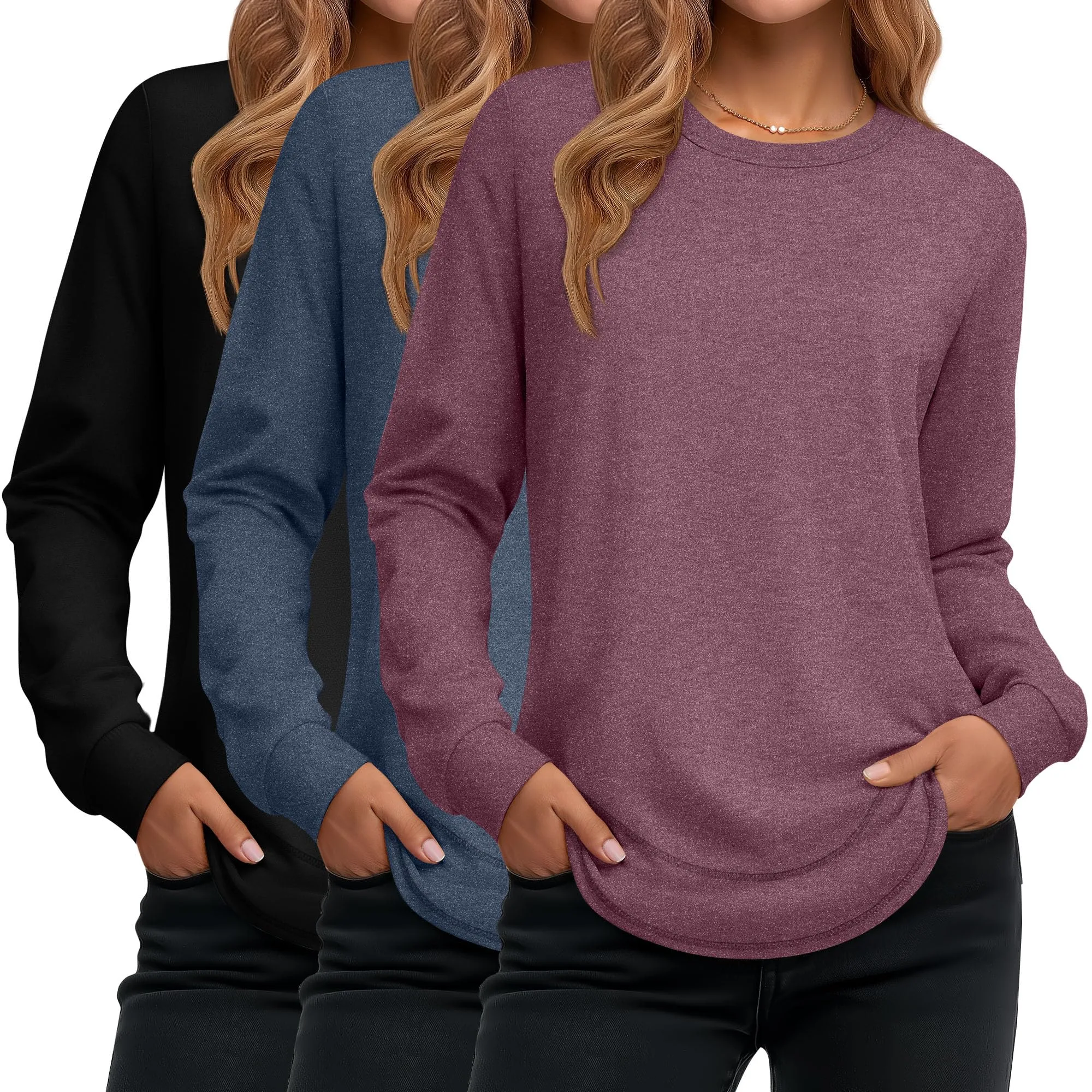 Ficerd Confezione da 3 Magliette Donna a Maniche Lunghe, Tunica Girocollo Cotone, vestibilità Ampia e Casual, Orlo Curvo(Nero, Blu Navy, Rosso Vino,XXL) - immagine 1