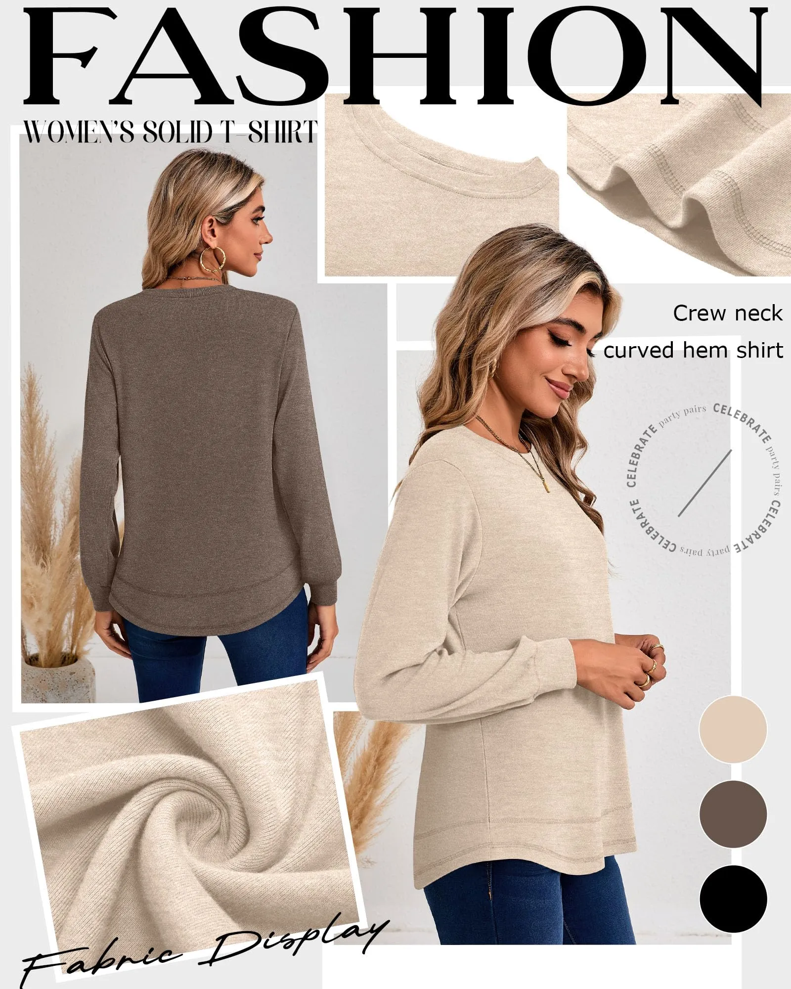 Ficerd 3 Pack Magliette Donna a Maniche Lunghe, Tunica Girocollo Cotone, vestibilità Ampia e Casual, Orlo Curvo(Nero, Marrone, Albicocca,M) - immagine 4
