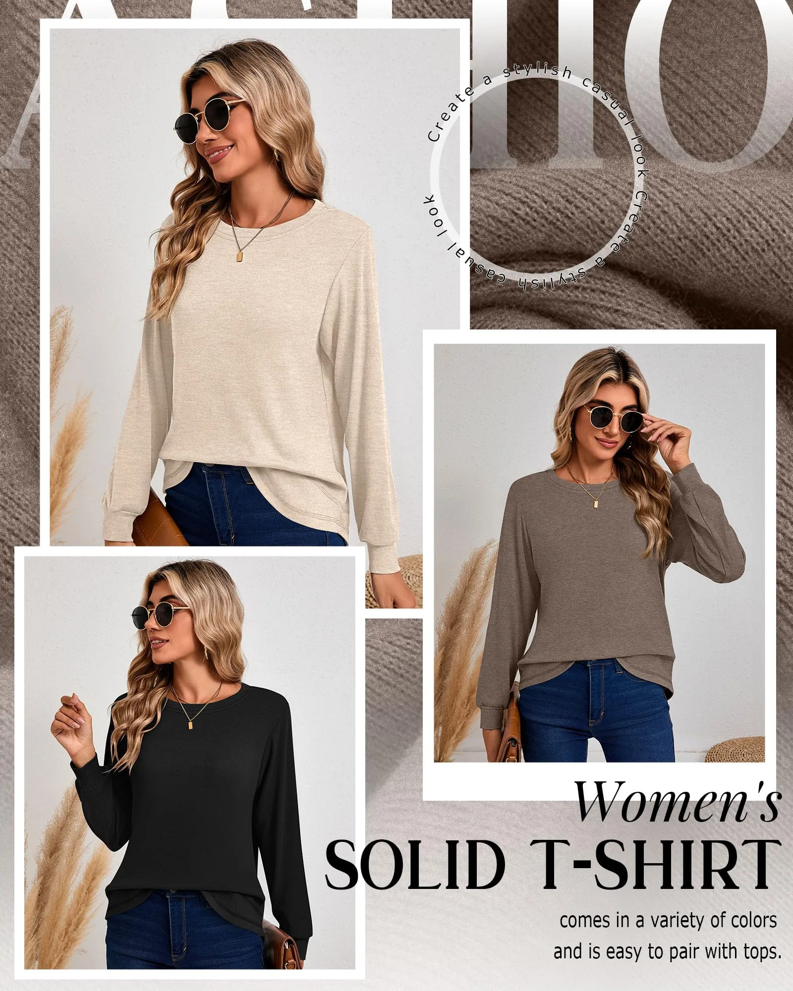 Ficerd 3 Pack Magliette Donna a Maniche Lunghe, Tunica Girocollo Cotone, vestibilità Ampia e Casual, Orlo Curvo(Nero, Marrone, Albicocca,M) - immagine 5