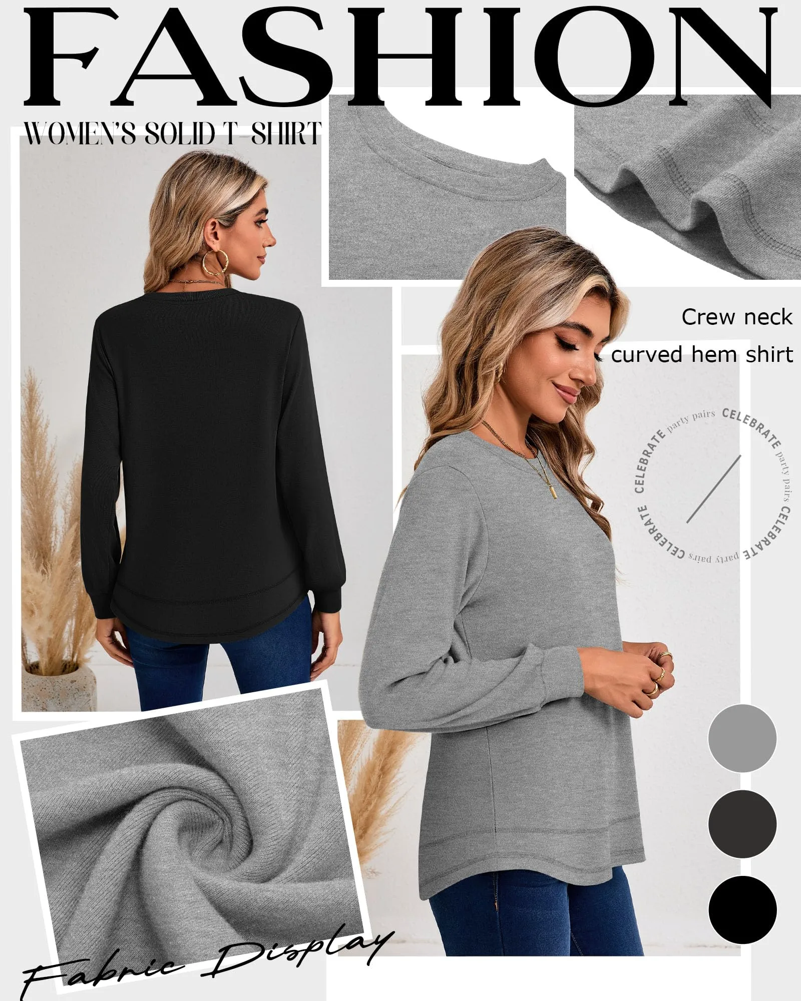 Ficerd Confezione da 3 Magliette Donna a Maniche Lunghe, Tunica Girocollo Cotone, vestibilità Ampia e Casual, Orlo Curvo(Nero, Grigio Scuro, Grigio Chiaro,S) - immagine 4