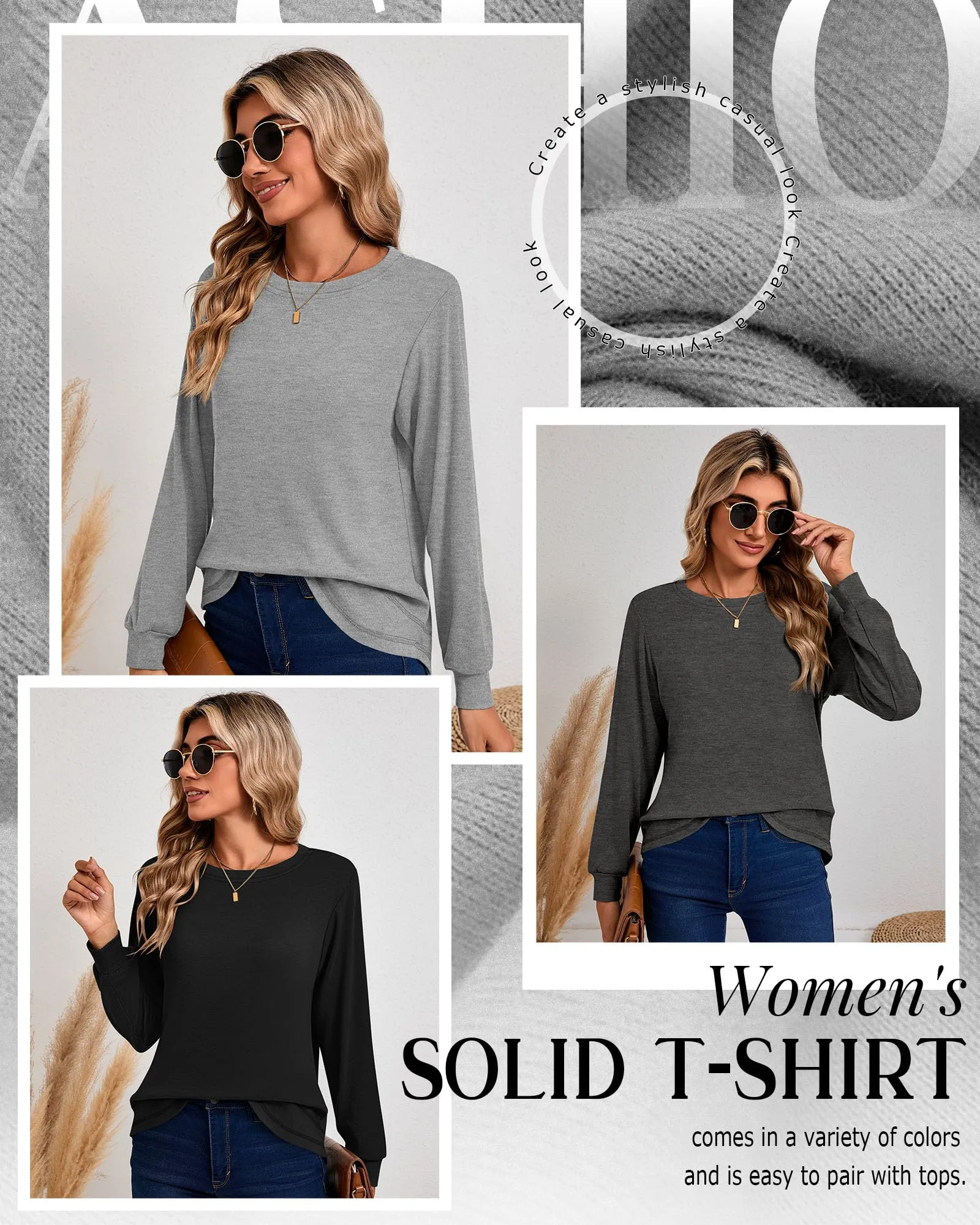 Ficerd Confezione da 3 Magliette Donna a Maniche Lunghe, Tunica Girocollo Cotone, vestibilità Ampia e Casual, Orlo Curvo(Nero, Grigio Scuro, Grigio Chiaro,S) - immagine 5