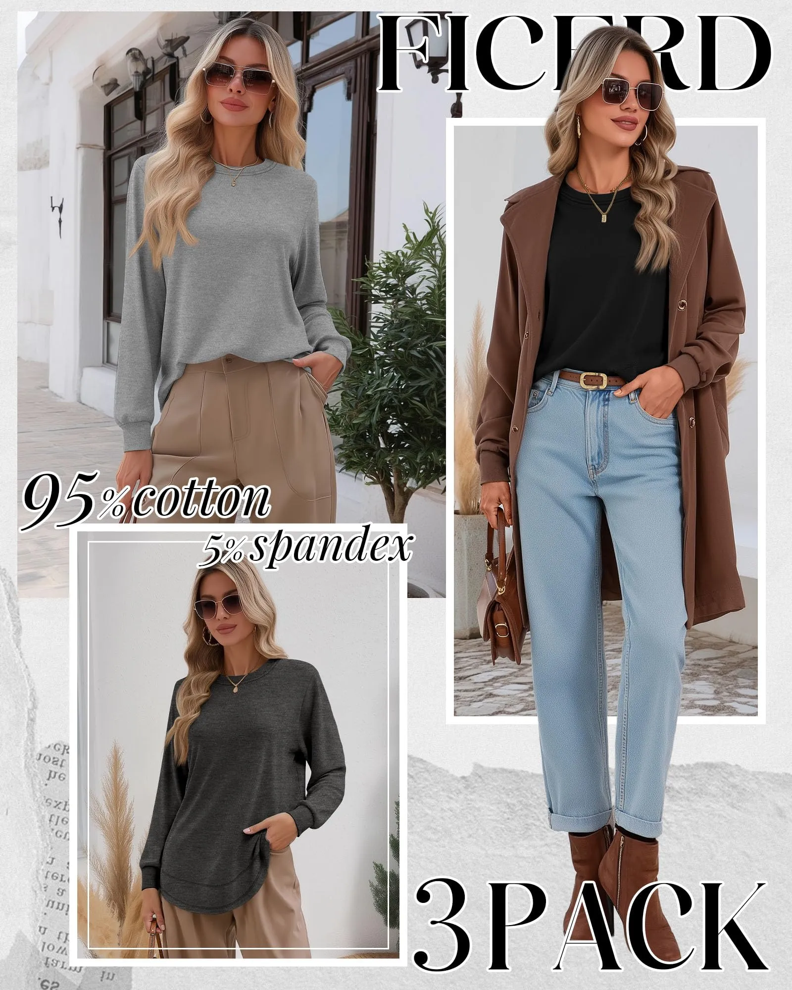 Ficerd Confezione da 3 Magliette Donna a Maniche Lunghe, Tunica Girocollo Cotone, vestibilità Ampia e Casual, Orlo Curvo(Nero, Grigio Scuro, Grigio Chiaro,XL) - immagine 2