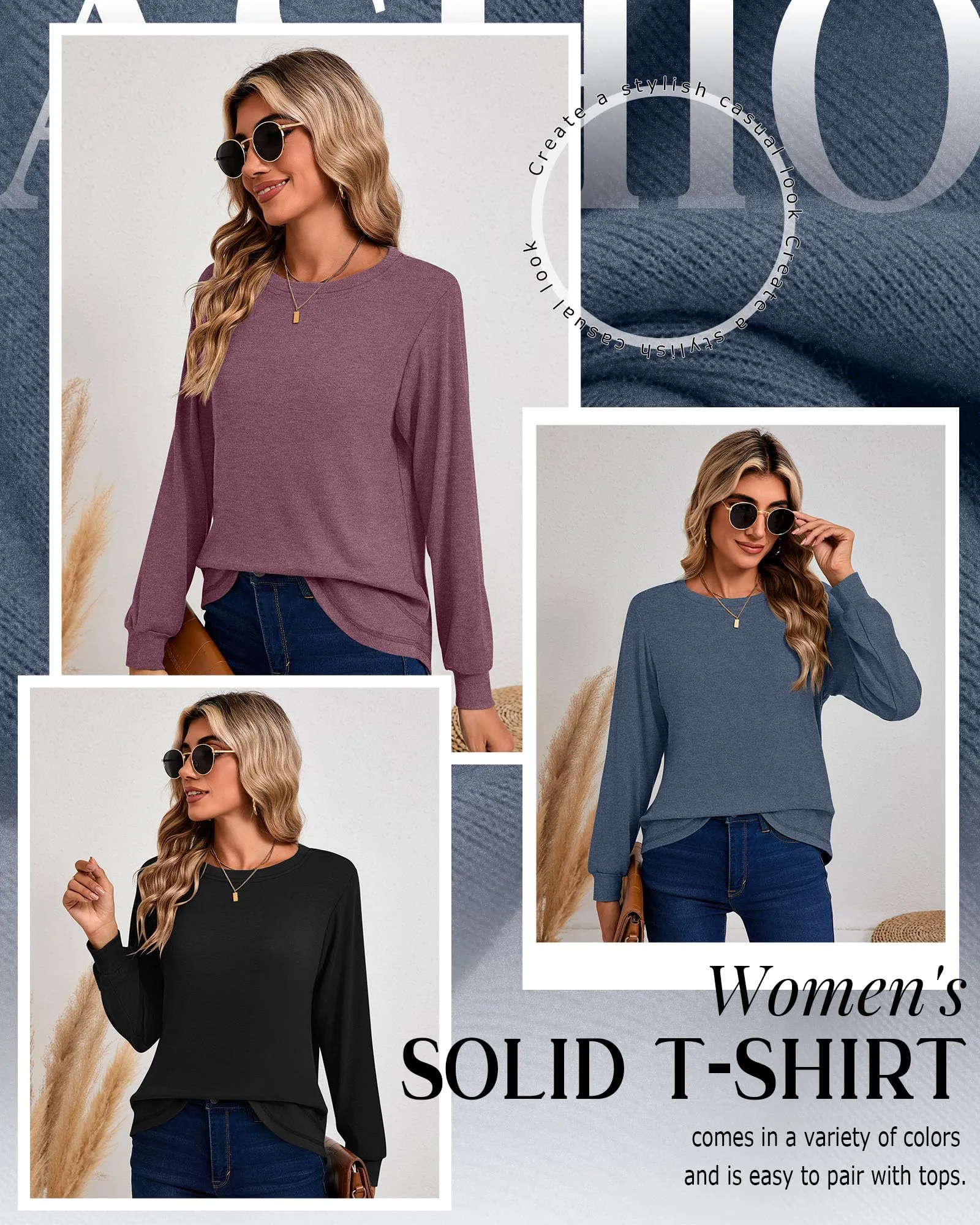 Ficerd Confezione da 3 Magliette Donna a Maniche Lunghe, Tunica Girocollo Cotone, vestibilità Ampia e Casual, Orlo Curvo(Nero, Blu Navy, Rosso Vino,S) - immagine 5