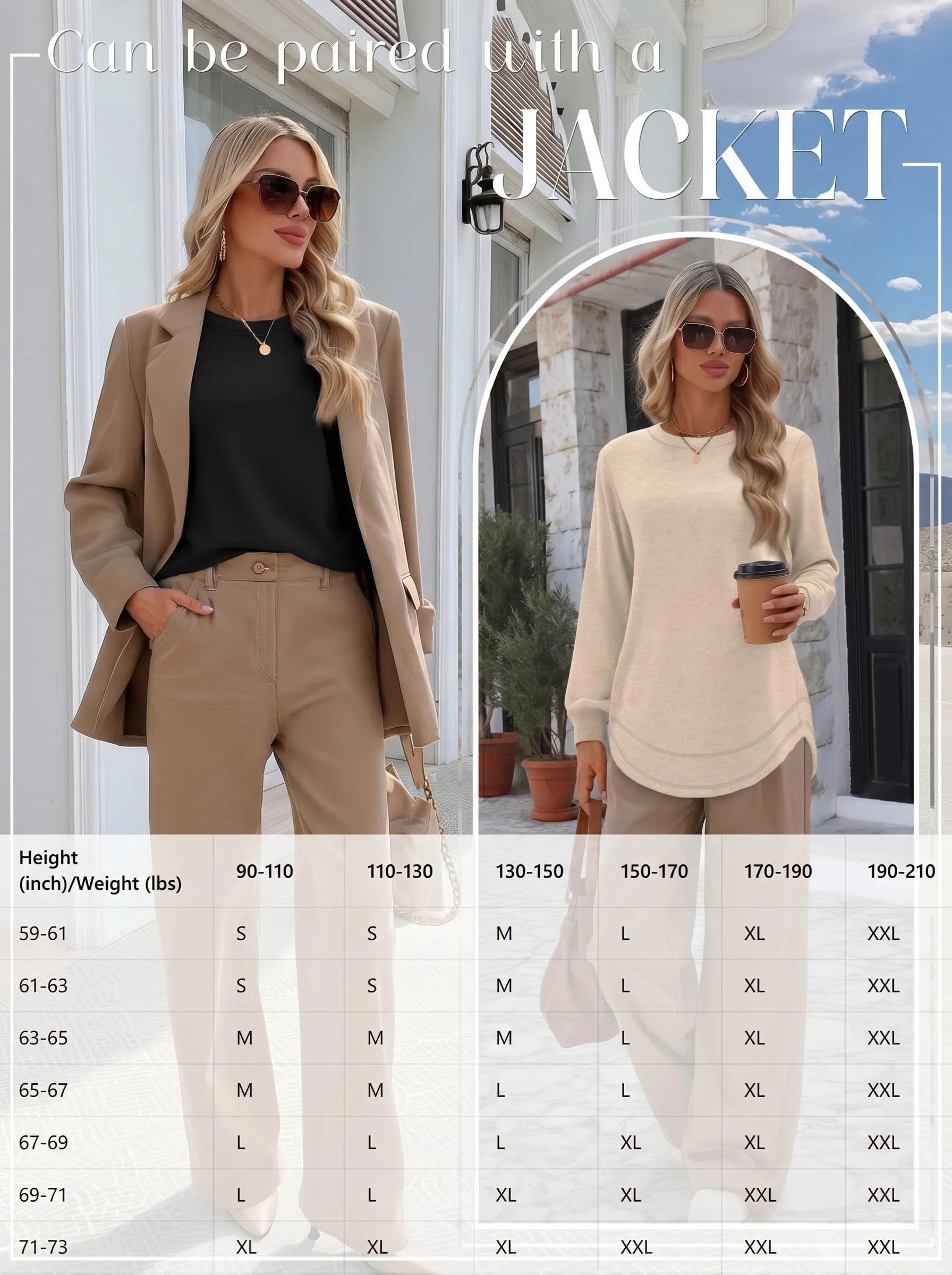 Ficerd Confezione da 3 Magliette Donna a Maniche Lunghe, Tunica Girocollo Cotone, vestibilità Ampia e Casual, Orlo Curvo(Nero, Marrone, Albicocca,XL) - immagine 3