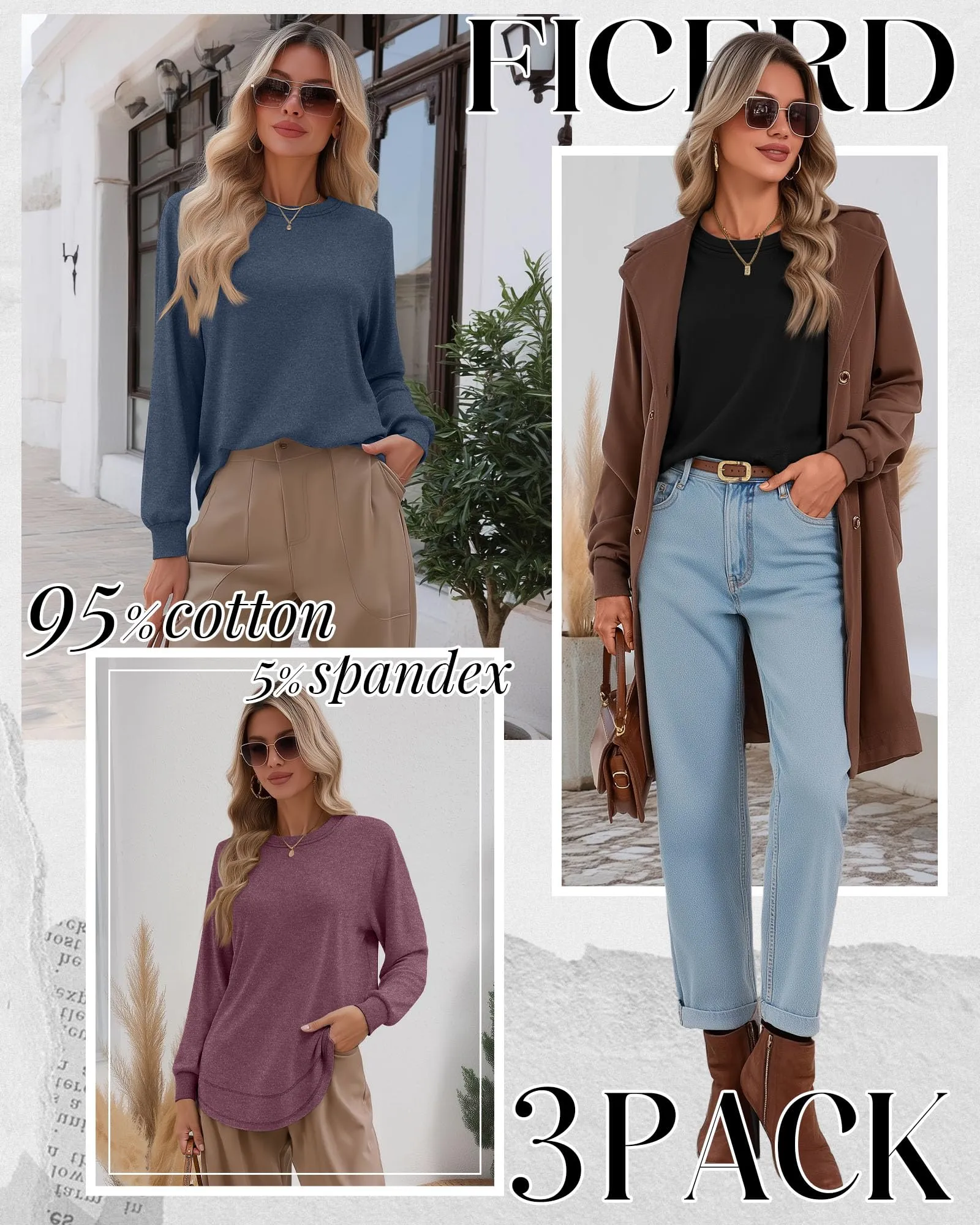 Ficerd Confezione da 3 Magliette Donna a Maniche Lunghe, Tunica Girocollo Cotone, vestibilità Ampia e Casual, Orlo Curvo(Nero, Blu Navy, Rosso Vino,M) - immagine 2