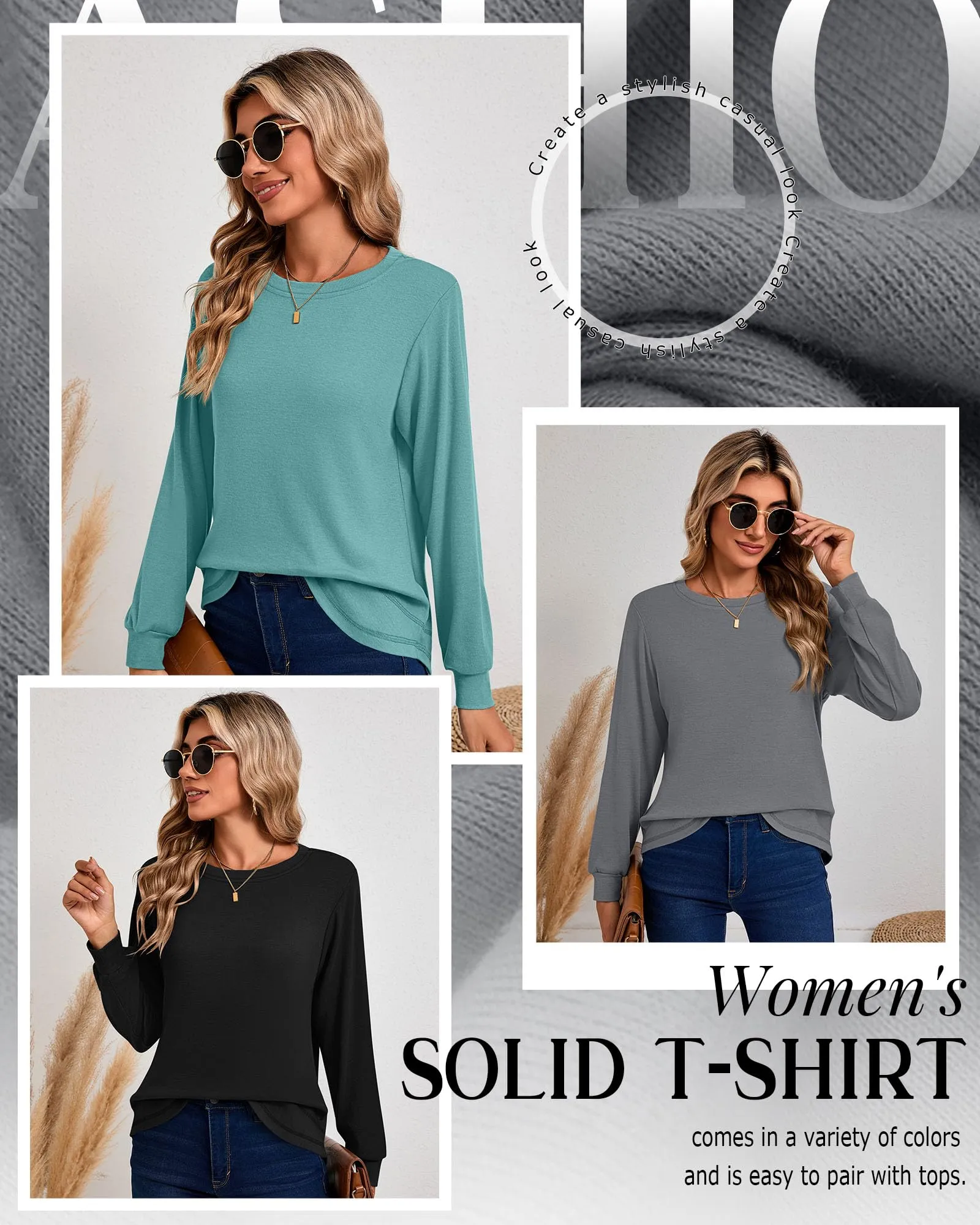 Ficerd Confezione da 3 Magliette Donna a Maniche Lunghe, Tunica Girocollo Cotone, vestibilità Ampia e Casual, Orlo Curvo(Nero, Grigio, Turchese,L) - immagine 5