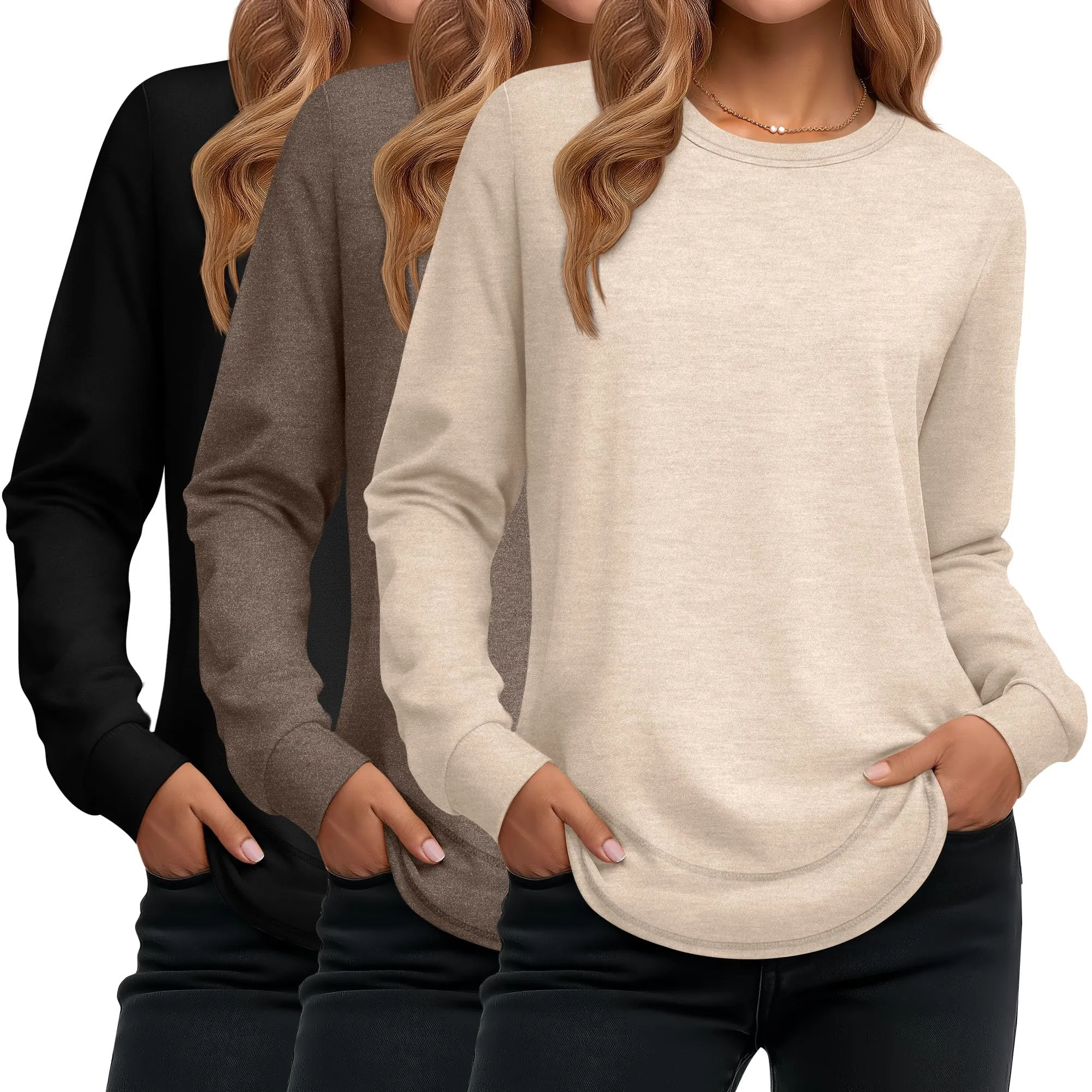 Ficerd Confezione da 3 Magliette Donna a Maniche Lunghe, Tunica Girocollo Cotone, vestibilità Ampia e Casual, Orlo Curvo(Nero, Marrone, Albicocca,XXL) - immagine 1
