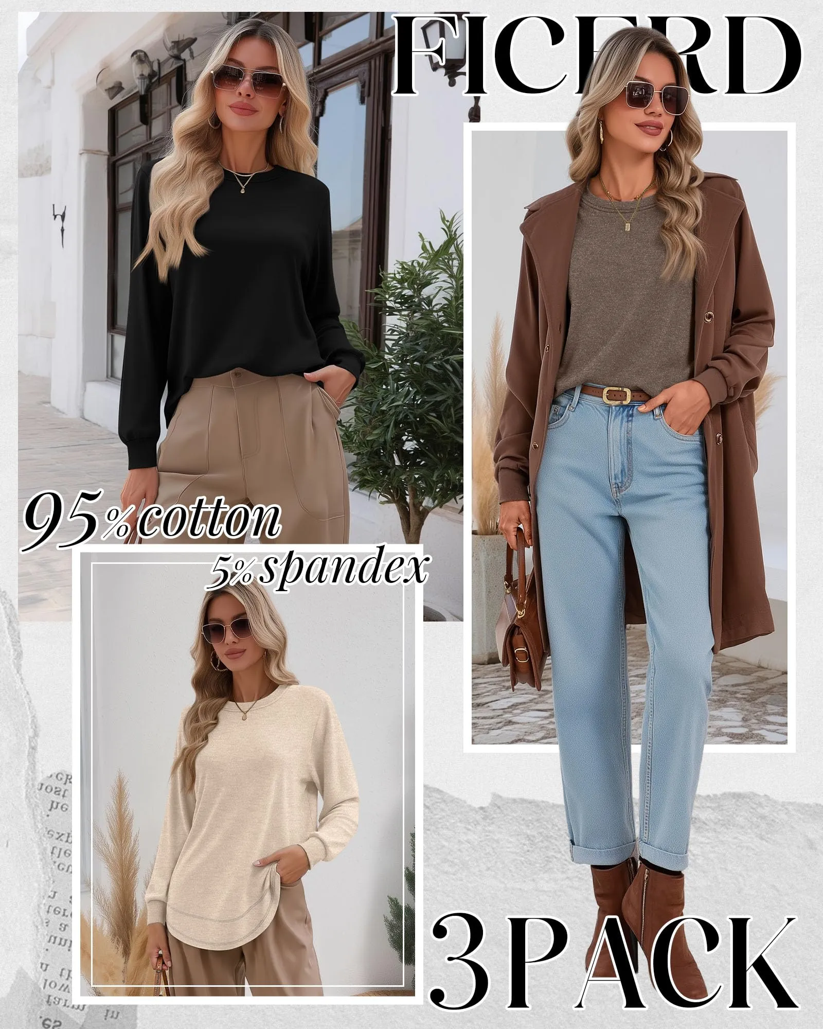 Ficerd Confezione da 3 Magliette Donna a Maniche Lunghe, Tunica Girocollo Cotone, vestibilità Ampia e Casual, Orlo Curvo(Nero, Marrone, Albicocca,XXL) - immagine 2
