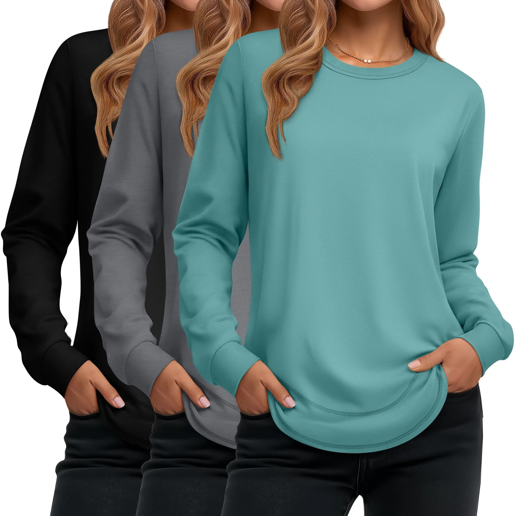 Ficerd Confezione da 3 Magliette Donna a Maniche Lunghe, Tunica Girocollo Cotone, vestibilità Ampia e Casual, Orlo Curvo(Nero, Grigio, Turchese,M) - immagine 1