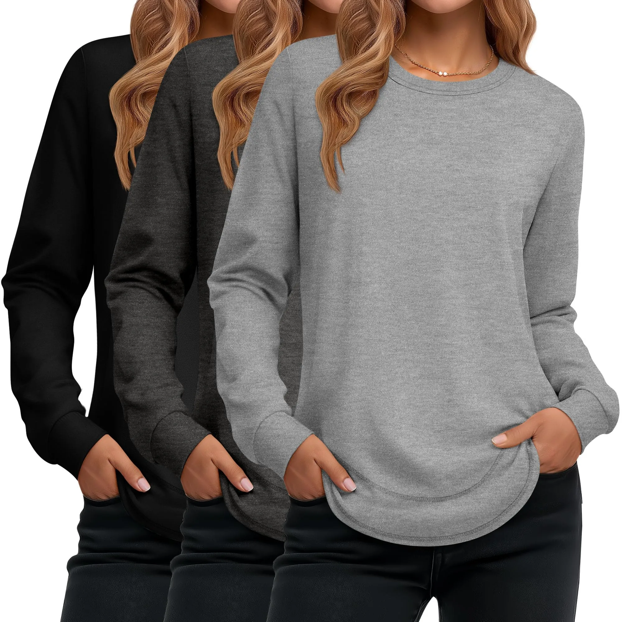 Ficerd Confezione da 3 Magliette Donna a Maniche Lunghe, Tunica Girocollo Cotone, vestibilità Ampia e Casual, Orlo Curvo(Nero, Grigio Scuro, Grigio Chiaro,L) - immagine 1