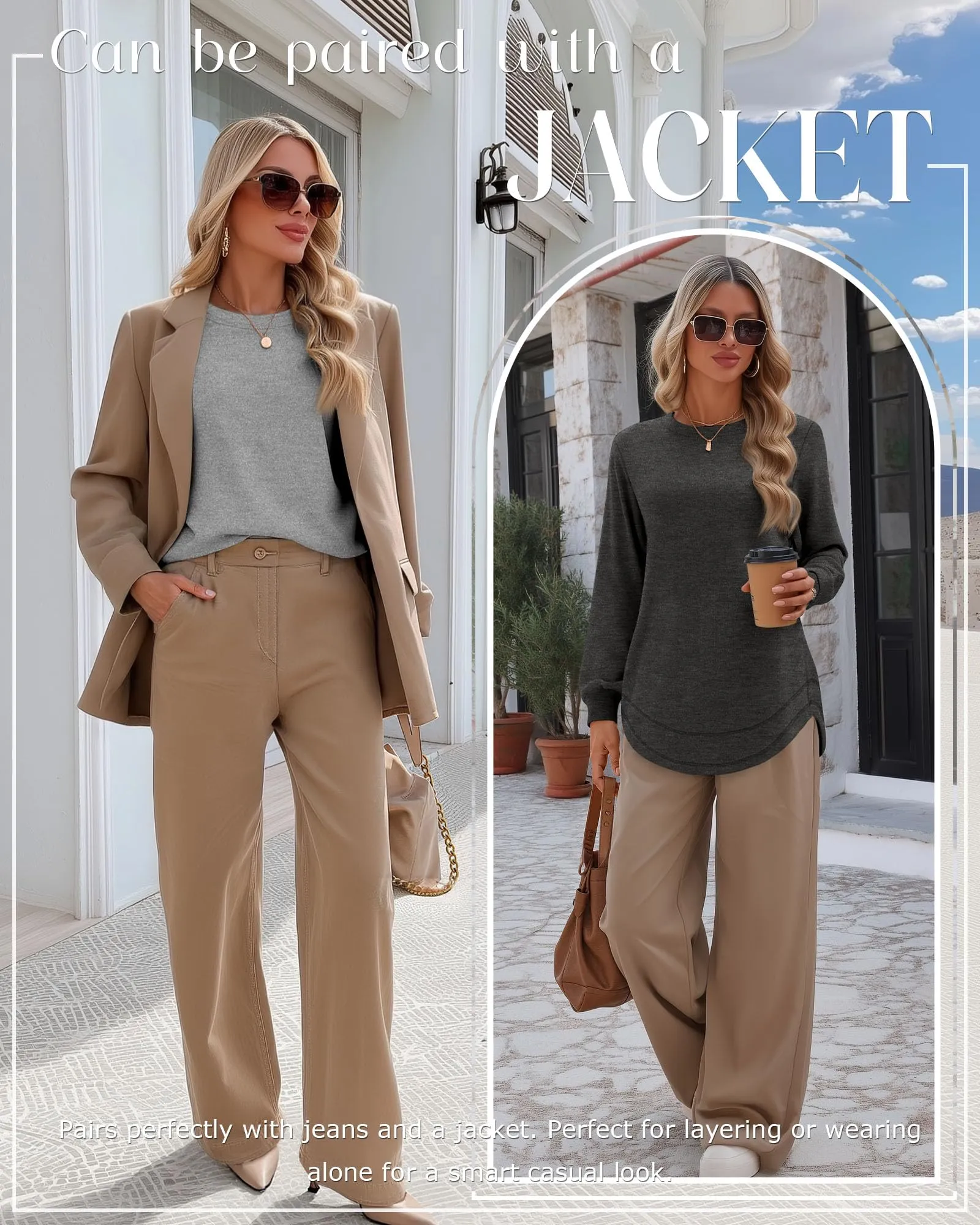 Ficerd Confezione da 3 Magliette Donna a Maniche Lunghe, Tunica Girocollo Cotone, vestibilità Ampia e Casual, Orlo Curvo(Nero, Grigio Scuro, Grigio Chiaro,L) - immagine 3