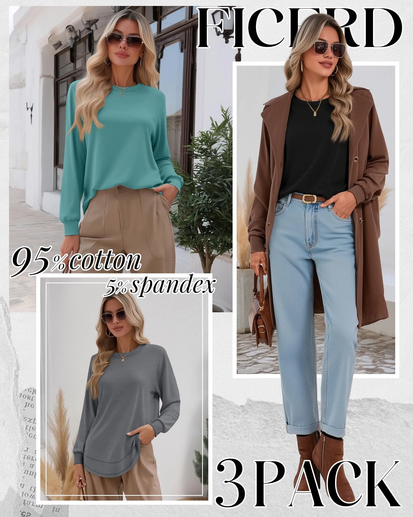 Ficerd Confezione da 3 Magliette Donna a Maniche Lunghe, Tunica Girocollo Cotone, vestibilità Ampia e Casual, Orlo Curvo(Nero, Grigio, Turchese,XXL) - immagine 2