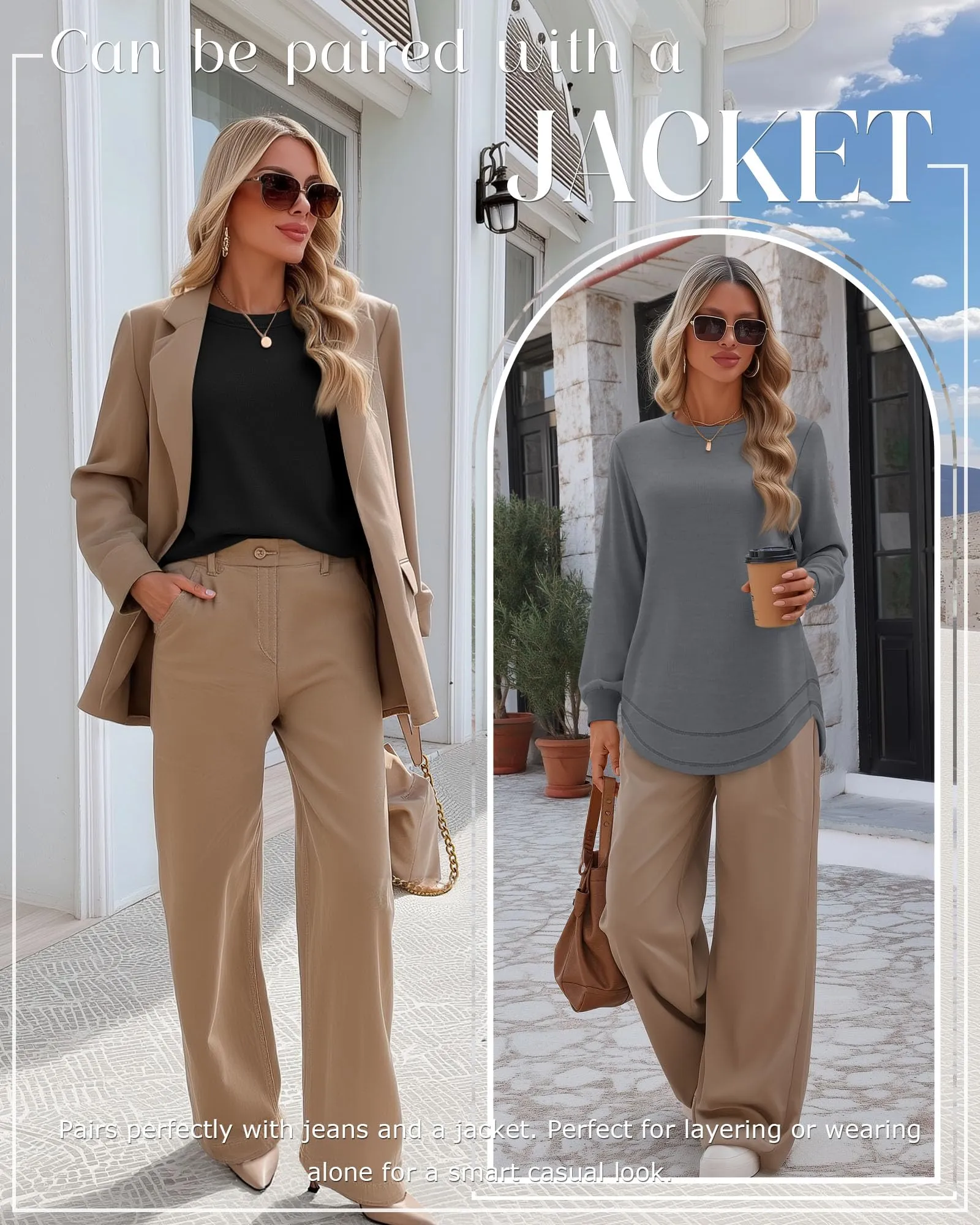 Ficerd Confezione da 3 Magliette Donna a Maniche Lunghe, Tunica Girocollo Cotone, vestibilità Ampia e Casual, Orlo Curvo(Nero, Grigio, Turchese,XXL) - immagine 3