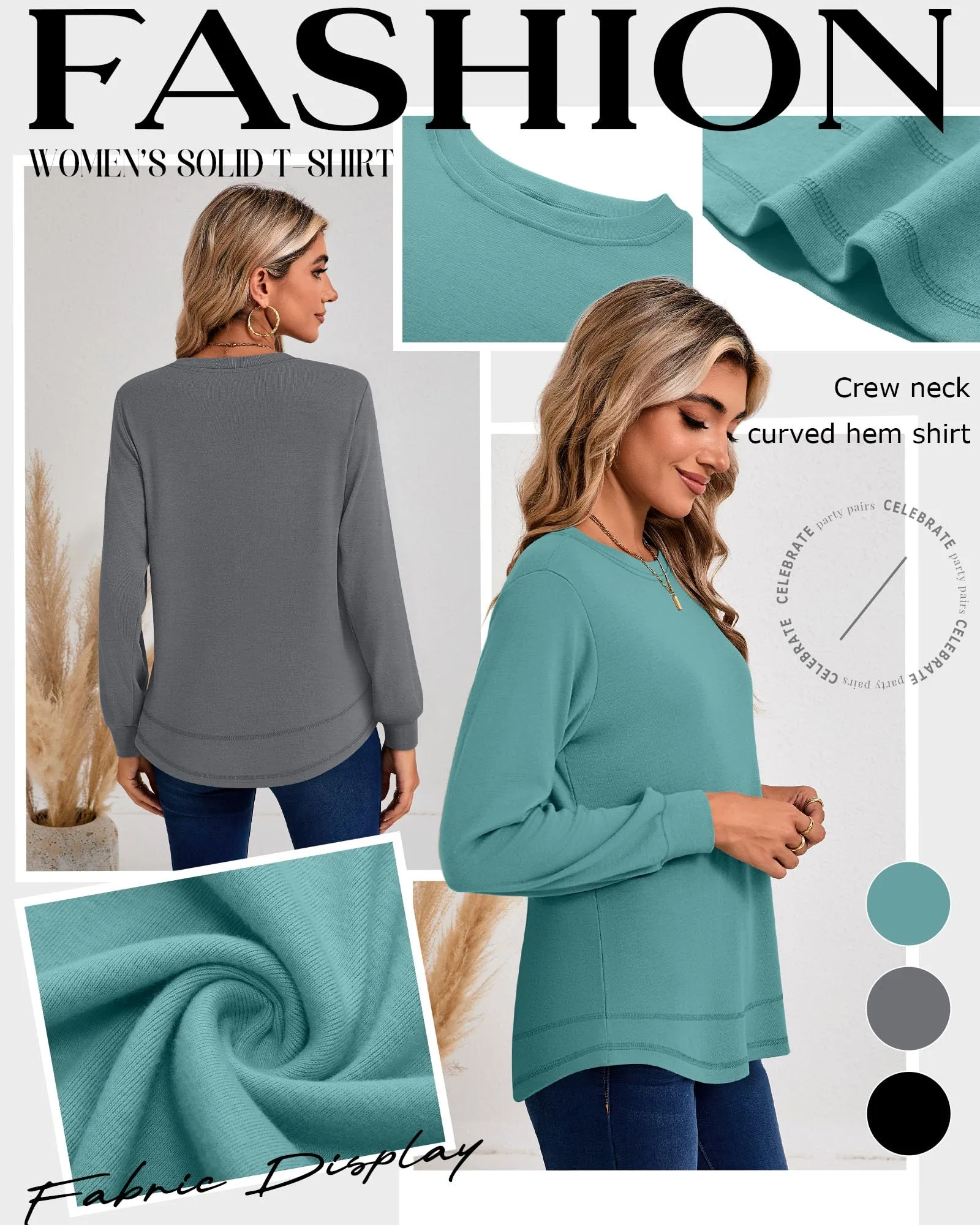 Ficerd Confezione da 3 Magliette Donna a Maniche Lunghe, Tunica Girocollo Cotone, vestibilità Ampia e Casual, Orlo Curvo(Nero, Grigio, Turchese,XXL) - immagine 4