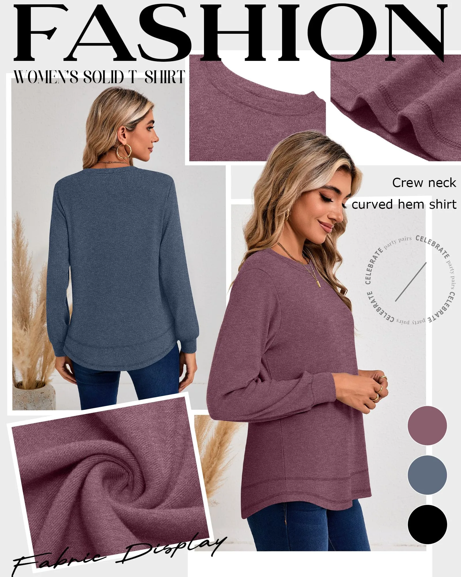 Ficerd Confezione da 3 Magliette Donna a Maniche Lunghe, Tunica Girocollo Cotone, vestibilità Ampia e Casual, Orlo Curvo(Nero, Blu Navy, Rosso Vino,L) - immagine 4
