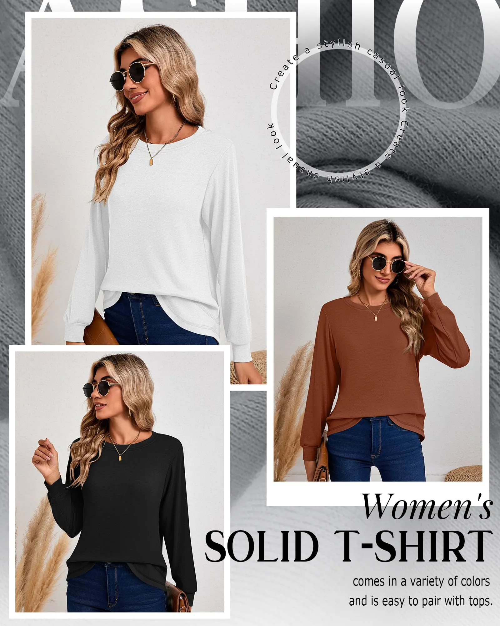 Ficerd Confezione da 3 Magliette Donna a Maniche Lunghe, Tunica Girocollo Cotone, vestibilità Ampia e Casual, Orlo Curvo(Nero, Caramello, Bianco,S) - immagine 5