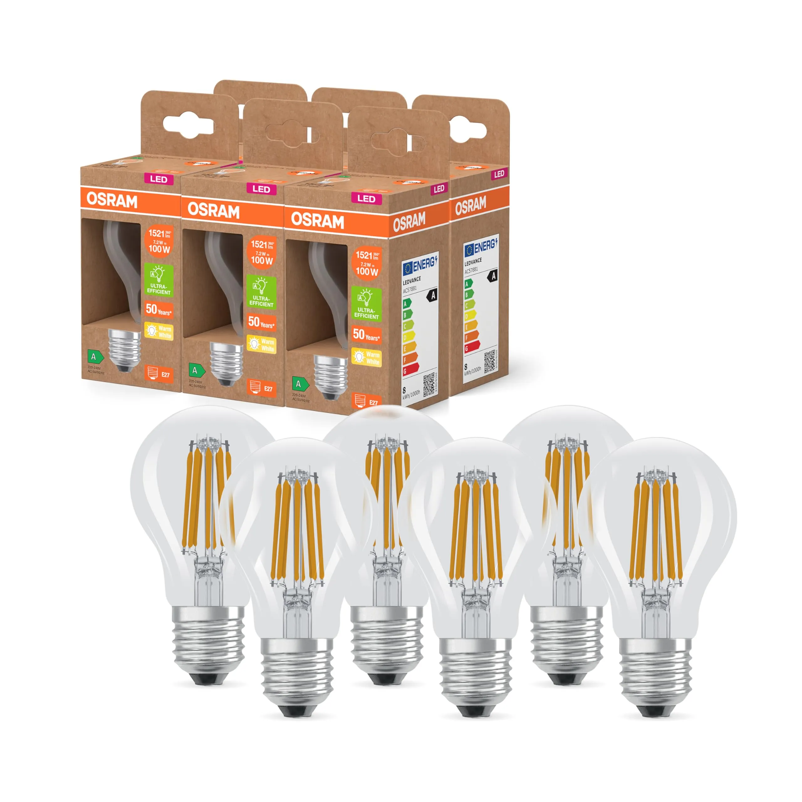 OSRAM LED Superstar Classic A 100 nella forma classica della lampadina, corpo in vetro trasparente, 7,2 W, 1521 lm, attacco E27, 2700 K per luce bianca calda, EEK A, diametro 60 mm, confezione da 6 - immagine 1