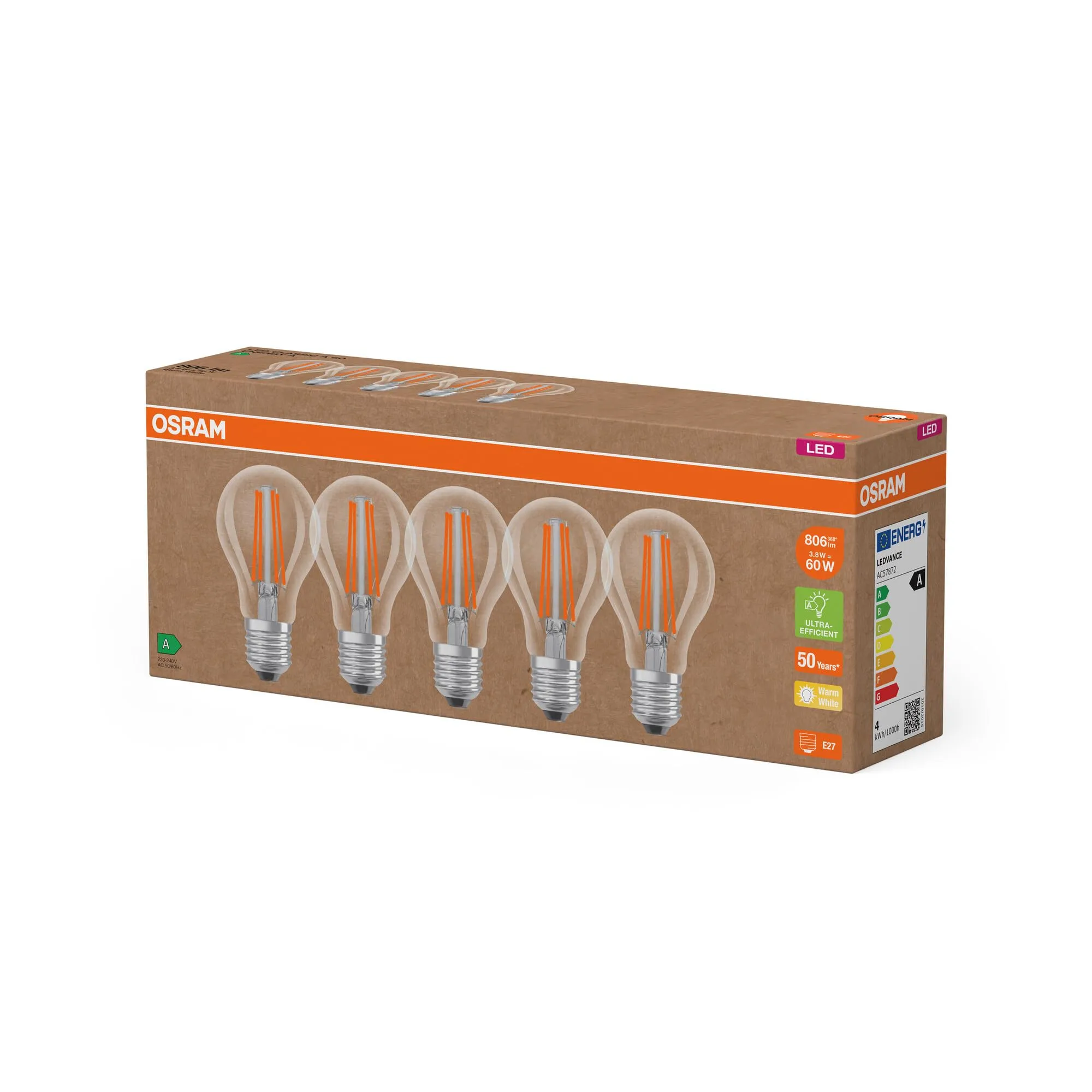 OSRAM Lampade LED ad alta efficienza con classe di efficienza energetica A, Confezione vantaggiosa con 15 lampadine, sostituzione 60W, bianco caldo (2700K), E27,vetro a filamento - immagine 4