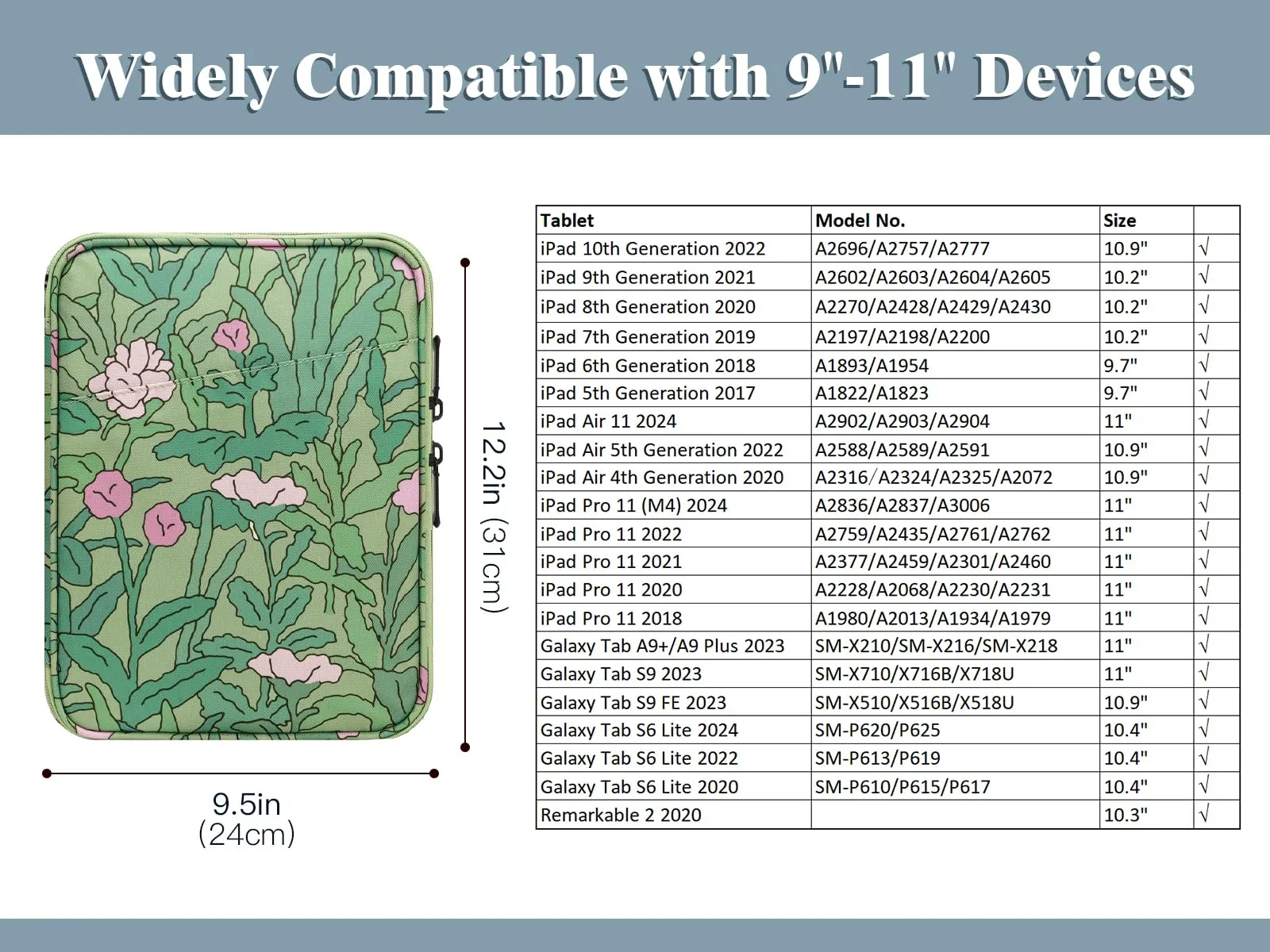 TiMOVO Custodia Tablet 9-11 Pollici con Tasca, Fiore Verde - immagine 2