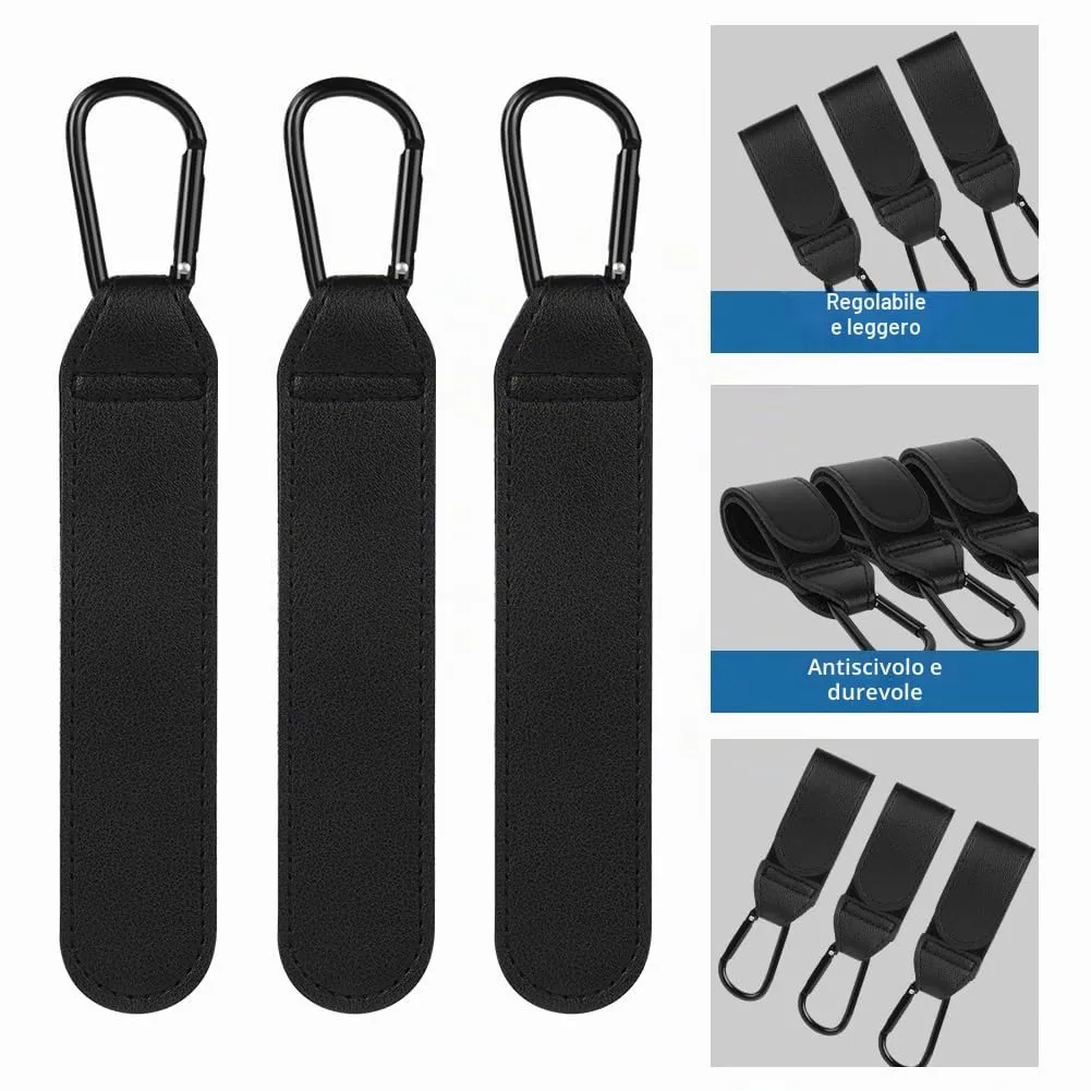 URAQT Ganci Passeggino 3 Pezzi, Nero Ganci per Passeggino Gancio per borsa della spesa, Gancio Passeggino Universale Sicuri Resistenti, Passeggino Accessori in Pelle, Antiscivol, Fino a 5 kg - immagine 2