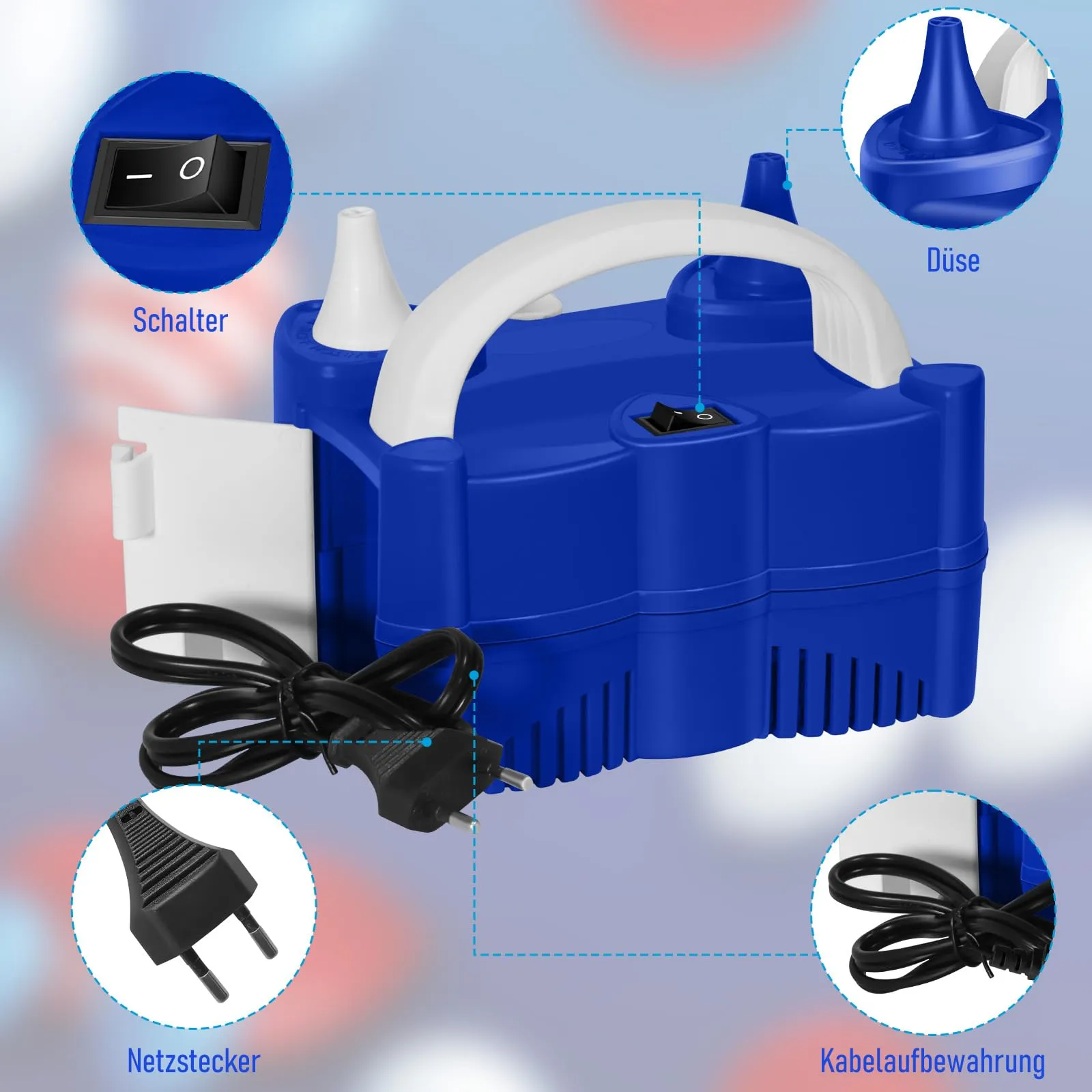 HELESIN Gonfia Palloncini Elettrico, 220V Pompa per Palloncini, Pompa per Palloncini Elettrica con Doppio Ugello per Gonfiatore, Macchina per Gonfiare Palloncini per Feste di Compleanno, Matrimonio - immagine 3