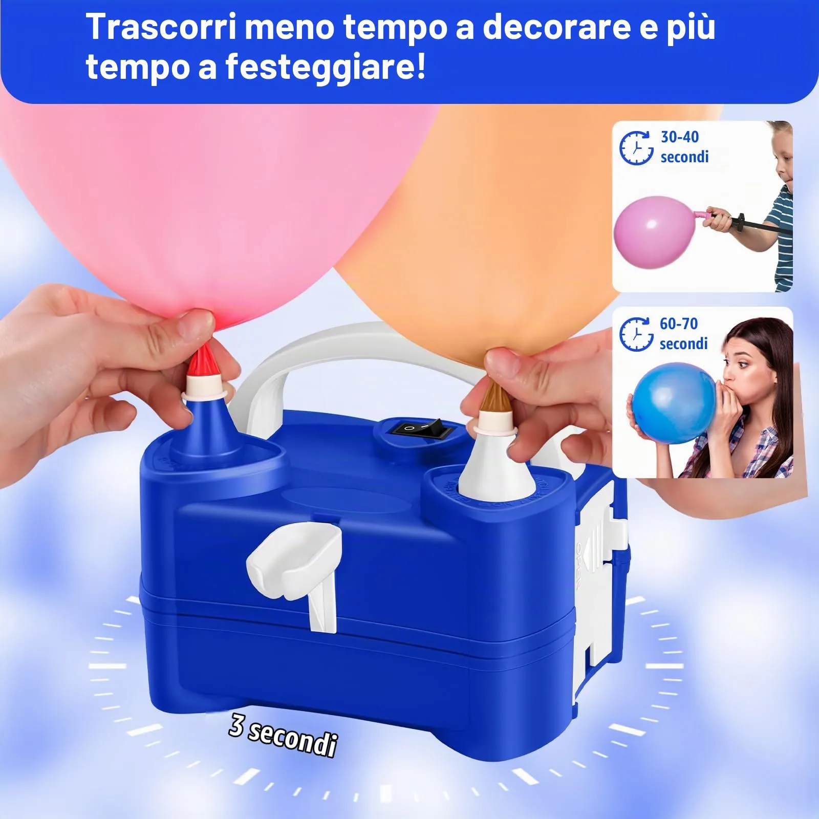 HELESIN Gonfia Palloncini Elettrico, 220V Pompa per Palloncini, Pompa per Palloncini Elettrica con Doppio Ugello per Gonfiatore, Macchina per Gonfiare Palloncini per Feste di Compleanno, Matrimonio - immagine 5