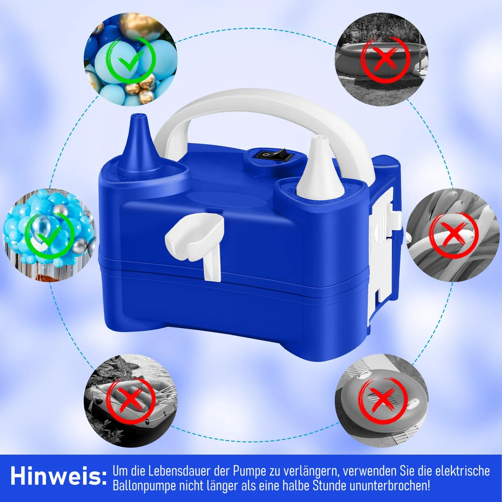 HELESIN Gonfia Palloncini Elettrico, 220V Pompa per Palloncini, Pompa per Palloncini Elettrica con Doppio Ugello per Gonfiatore, Macchina per Gonfiare Palloncini per Feste di Compleanno, Matrimonio - immagine 6