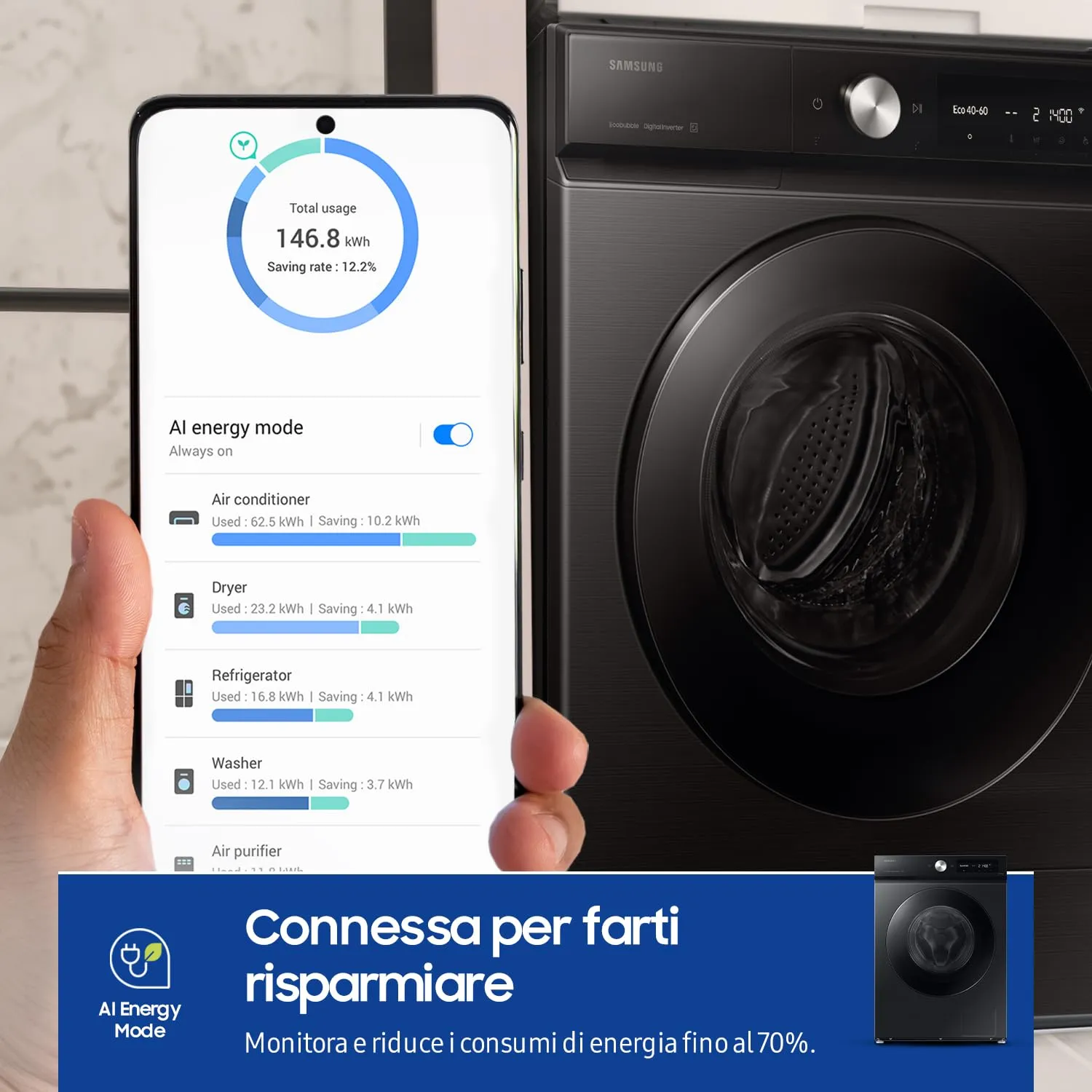 Samsung Lavatrice BESPOKE AI WW90DB7U94GB/U3 Libera installazione, 9 Kg, Ecodosatore, Super Speed, AI Wash, Corpo: Nero, Oblò: Nero, 60l x 85h x 60p cm - immagine 2