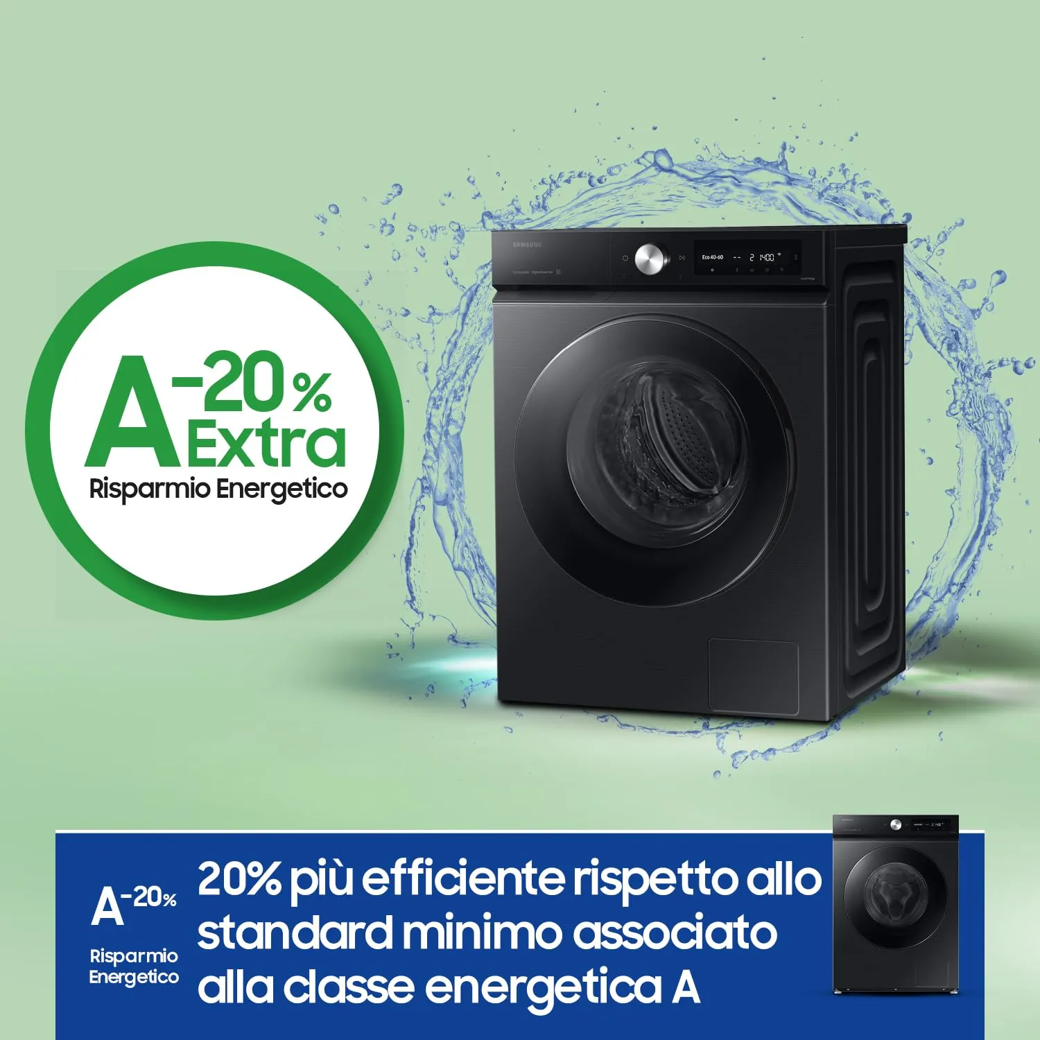 Samsung Lavatrice BESPOKE AI WW90DB7U94GB/U3 Libera installazione, 9 Kg, Ecodosatore, Super Speed, AI Wash, Corpo: Nero, Oblò: Nero, 60l x 85h x 60p cm - immagine 4
