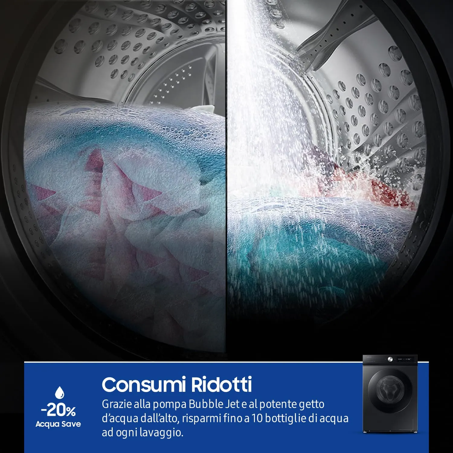 Samsung Lavatrice BESPOKE AI WW90DB7U94GB/U3 Libera installazione, 9 Kg, Ecodosatore, Super Speed, AI Wash, Corpo: Nero, Oblò: Nero, 60l x 85h x 60p cm - immagine 6