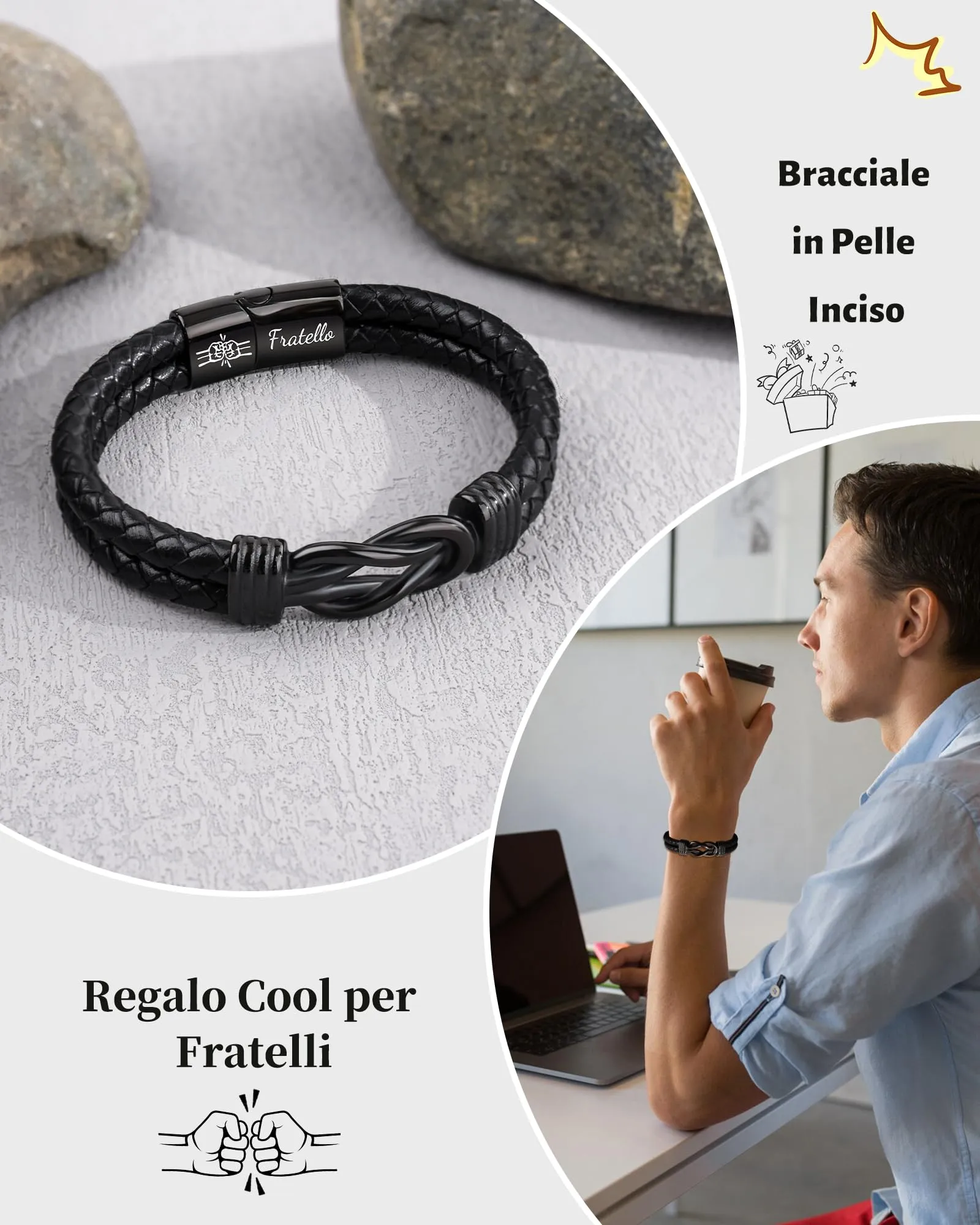 SUNSH Bracciale Fratello Uomo, Regalo Fratello Compleanno, Bracciale in Pelle Da Uomo Regali per Lui Fratelli Maggiore Fratellin Compleanno Natale-20,5 cm - immagine 2