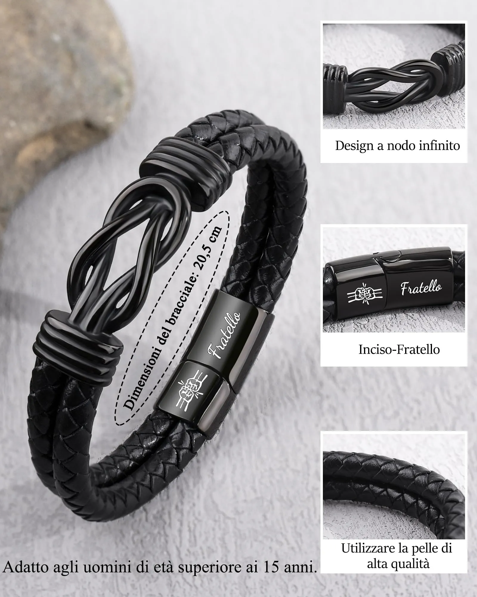 SUNSH Bracciale Fratello Uomo, Regalo Fratello Compleanno, Bracciale in Pelle Da Uomo Regali per Lui Fratelli Maggiore Fratellin Compleanno Natale-20,5 cm - immagine 3