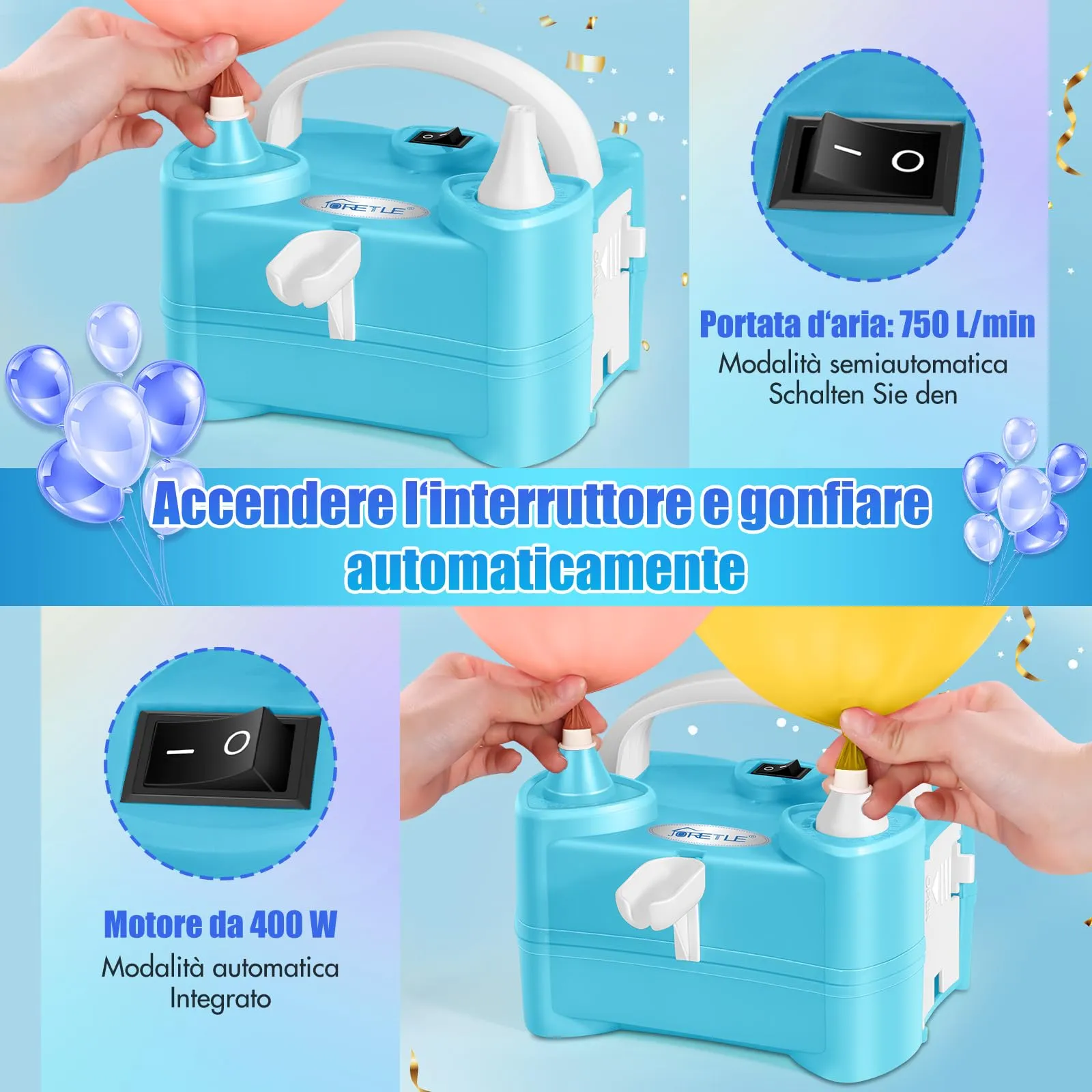 JORETLE Pompa per Palloncini Elettrica Portatile, 220-240V Macchina per Gonfiare Palloncini Elettrico, Pompa Aria per Palloncini Elettrica con 2 Boccagli Modalità per Compleanni, Matrimoni Decorazioni - immagine 2