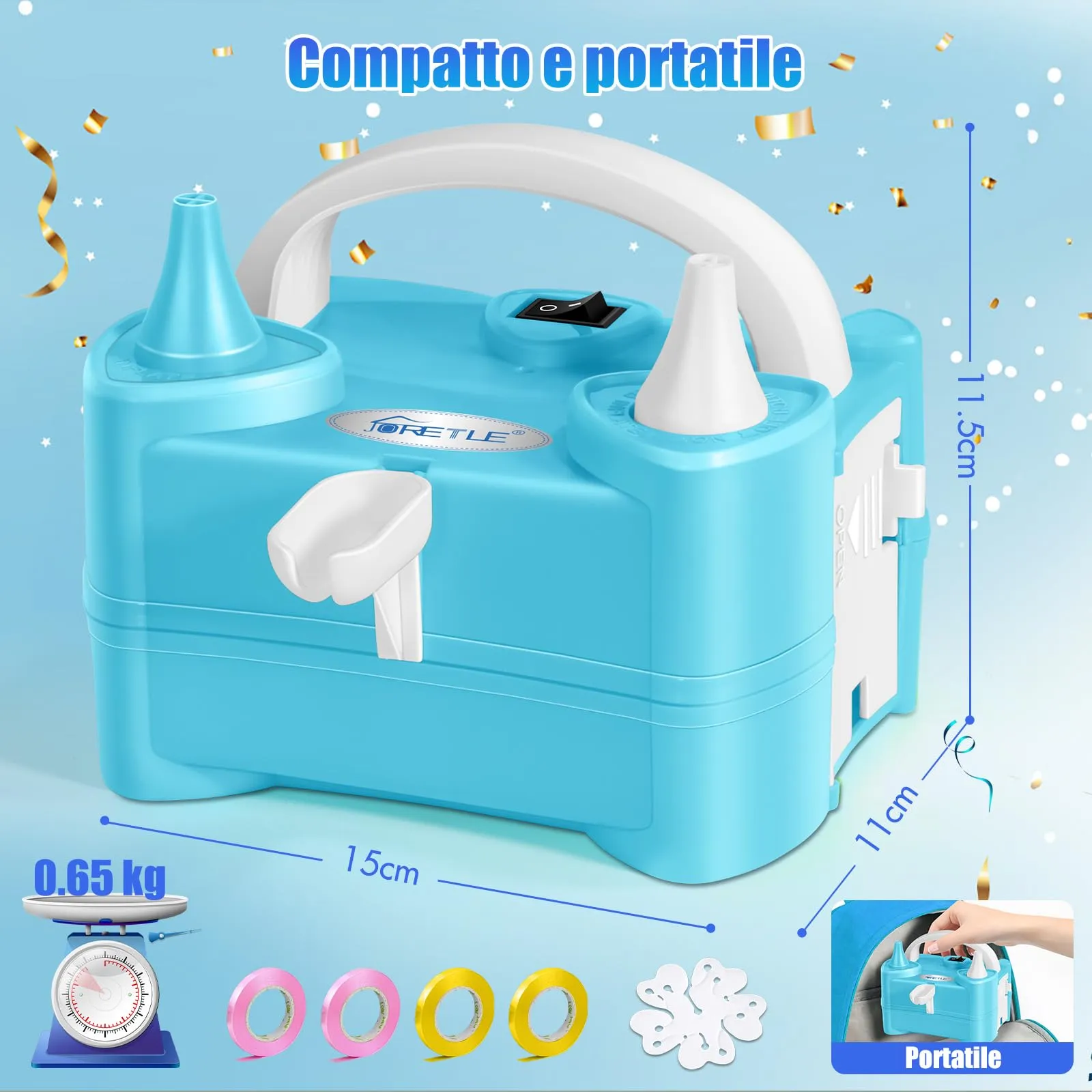 JORETLE Pompa per Palloncini Elettrica Portatile, 220-240V Macchina per Gonfiare Palloncini Elettrico, Pompa Aria per Palloncini Elettrica con 2 Boccagli Modalità per Compleanni, Matrimoni Decorazioni - immagine 3