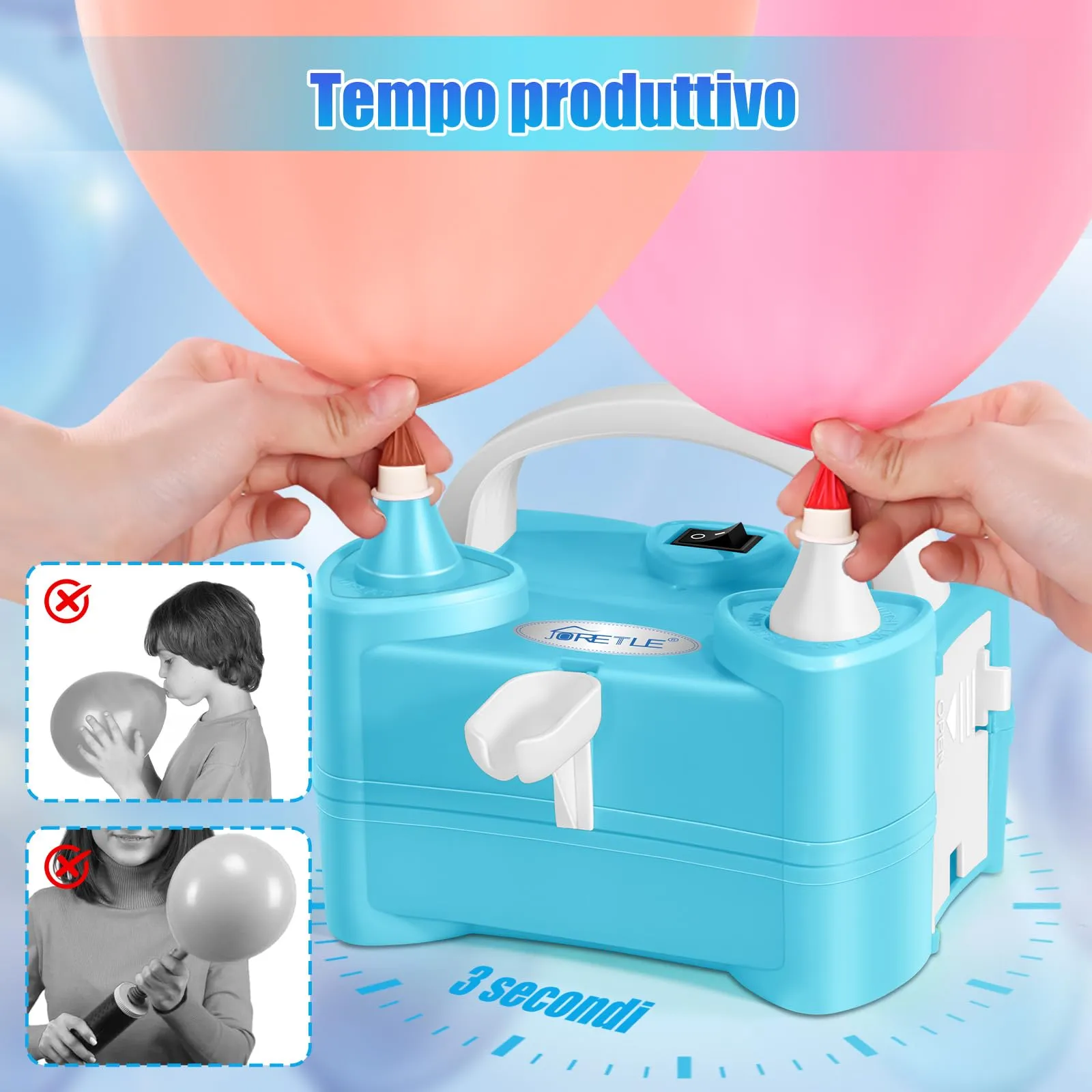 JORETLE Pompa per Palloncini Elettrica Portatile, 220-240V Macchina per Gonfiare Palloncini Elettrico, Pompa Aria per Palloncini Elettrica con 2 Boccagli Modalità per Compleanni, Matrimoni Decorazioni - immagine 4
