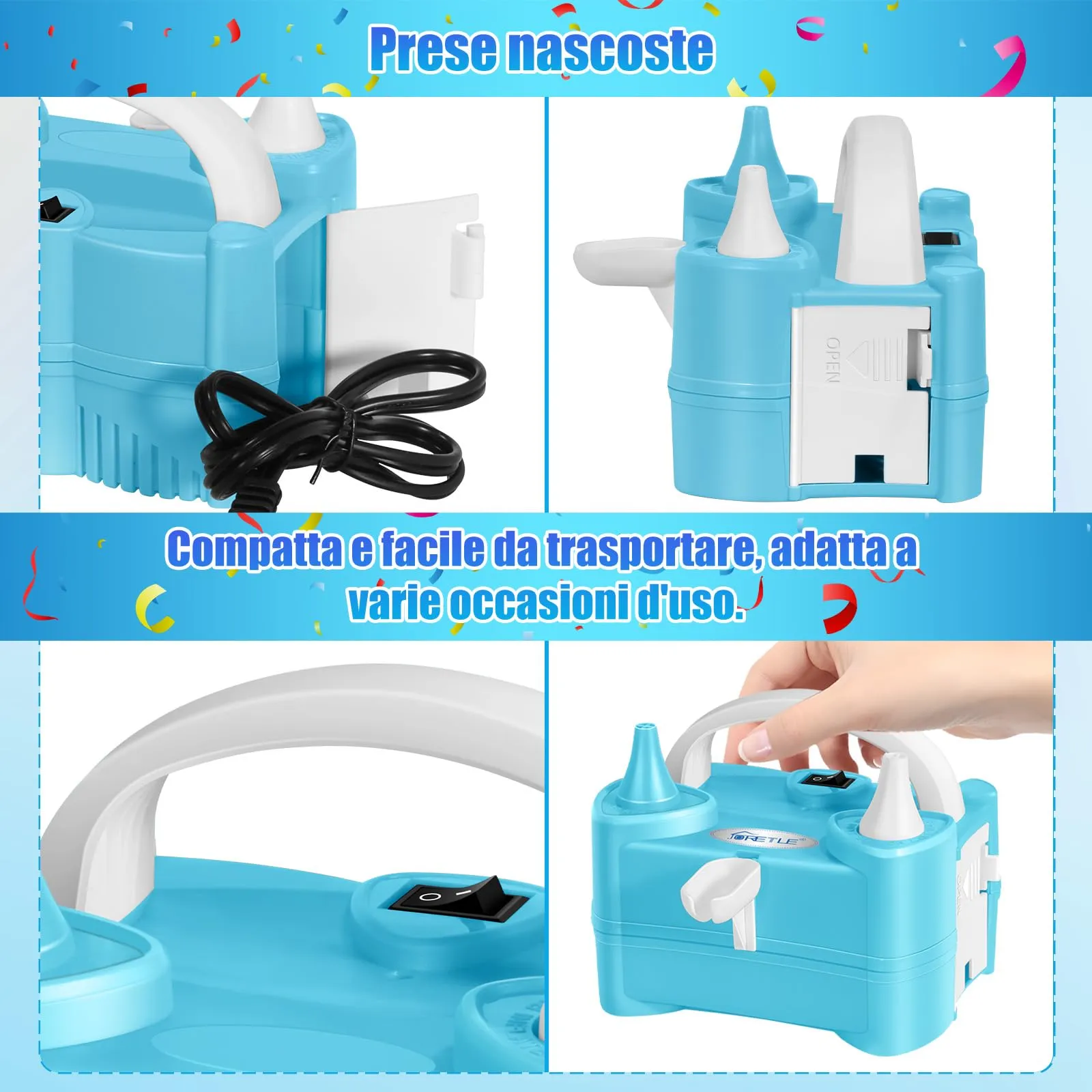 JORETLE Pompa per Palloncini Elettrica Portatile, 220-240V Macchina per Gonfiare Palloncini Elettrico, Pompa Aria per Palloncini Elettrica con 2 Boccagli Modalità per Compleanni, Matrimoni Decorazioni - immagine 5