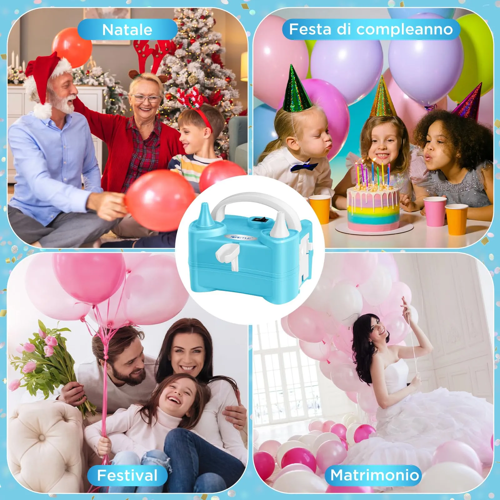 JORETLE Pompa per Palloncini Elettrica Portatile, 220-240V Macchina per Gonfiare Palloncini Elettrico, Pompa Aria per Palloncini Elettrica con 2 Boccagli Modalità per Compleanni, Matrimoni Decorazioni - immagine 7