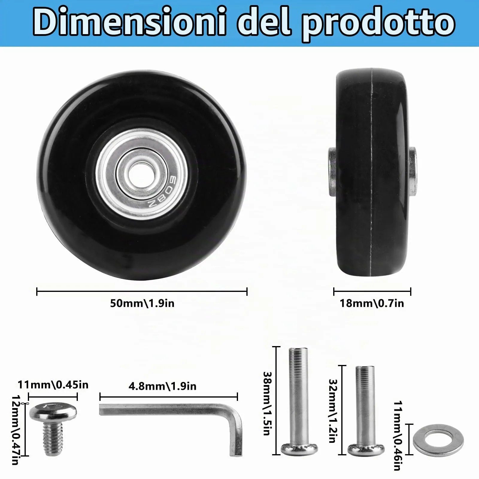 4 Pezzi Ruote di Ricambio per Valigie, 50x18mm Ruote Valigia Ricambio - immagine 2