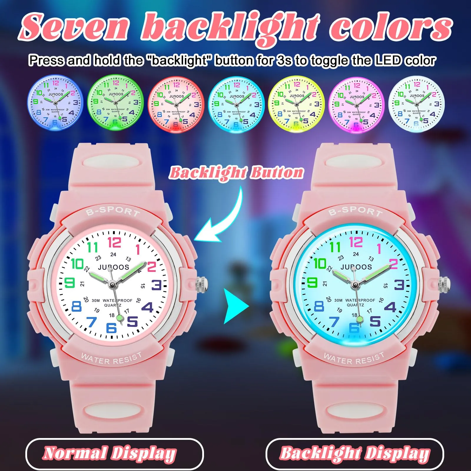 Juboos Orologio Analogico Per Bambini Con 7 Luci Notturne A Colori, Impermeabile, Cinturino Morbido, Orologio A Quarzo Per Ragazzi E Ragazze 5-18 Anni - immagine 2