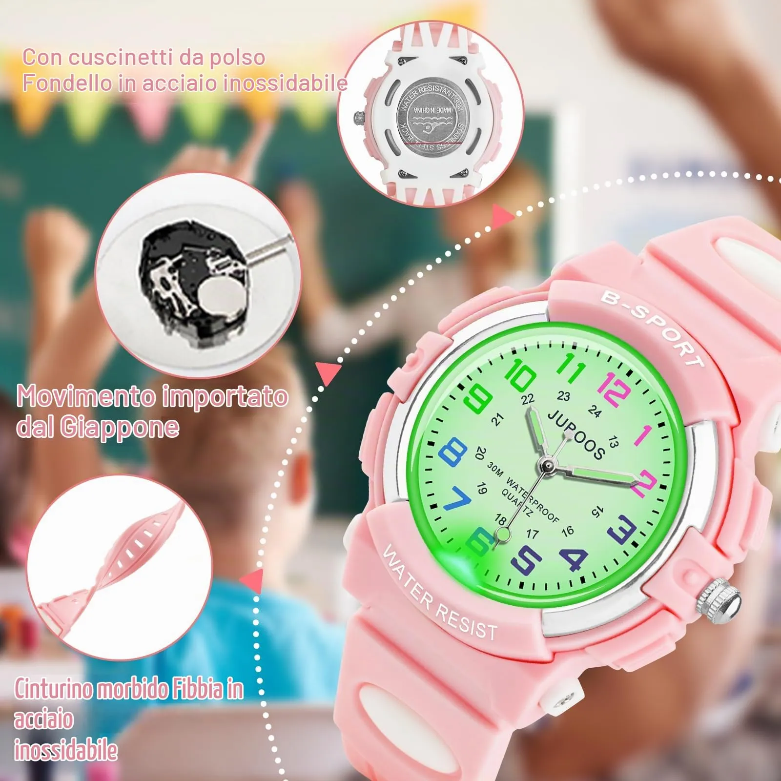 Juboos Orologio Analogico Per Bambini Con 7 Luci Notturne A Colori, Impermeabile, Cinturino Morbido, Orologio A Quarzo Per Ragazzi E Ragazze 5-18 Anni - immagine 4