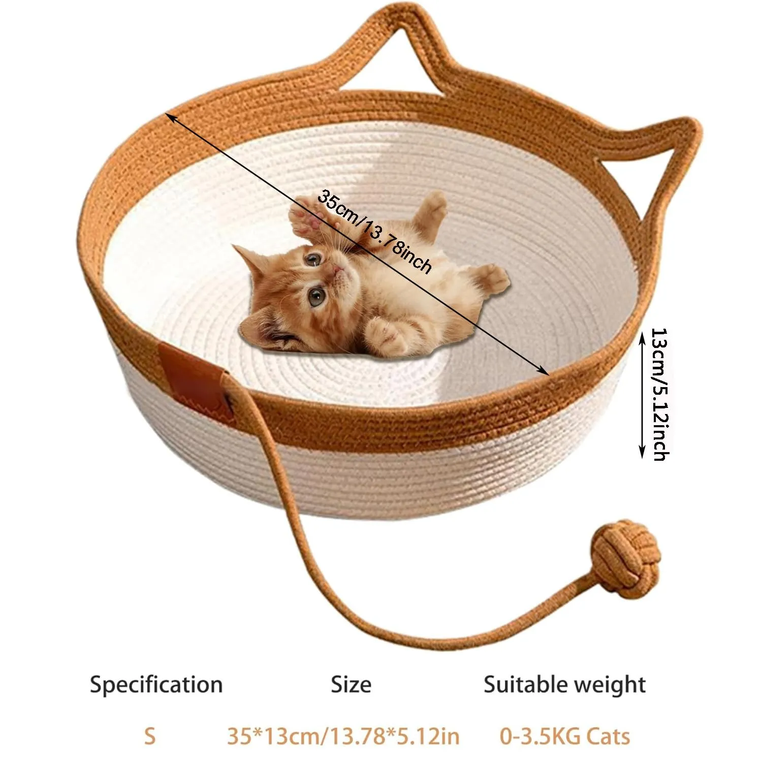 MEISO Letto per Gatti Interni in Cotone Tessuto a Mano, Cesto con Coda Giocattolo, Pieghevole e Traspirante (S) - immagine 2