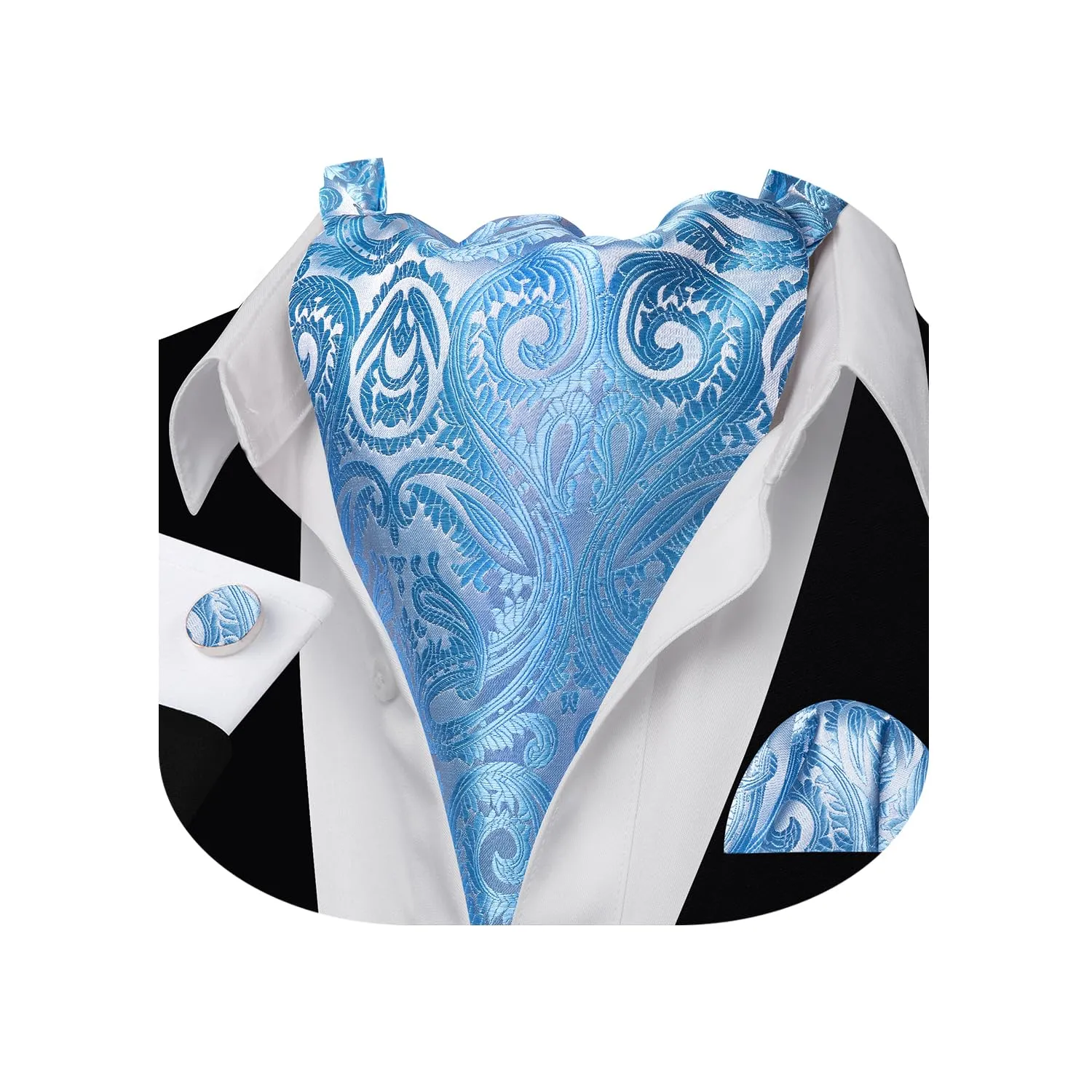 Barry.Wang - Cravatta in seta da uomo, con nodo Ascot e stampa paisley, con fazzoletto da tasca quadrato e gemelli, set per matrimonio e formale, Taglia unica - immagine 1