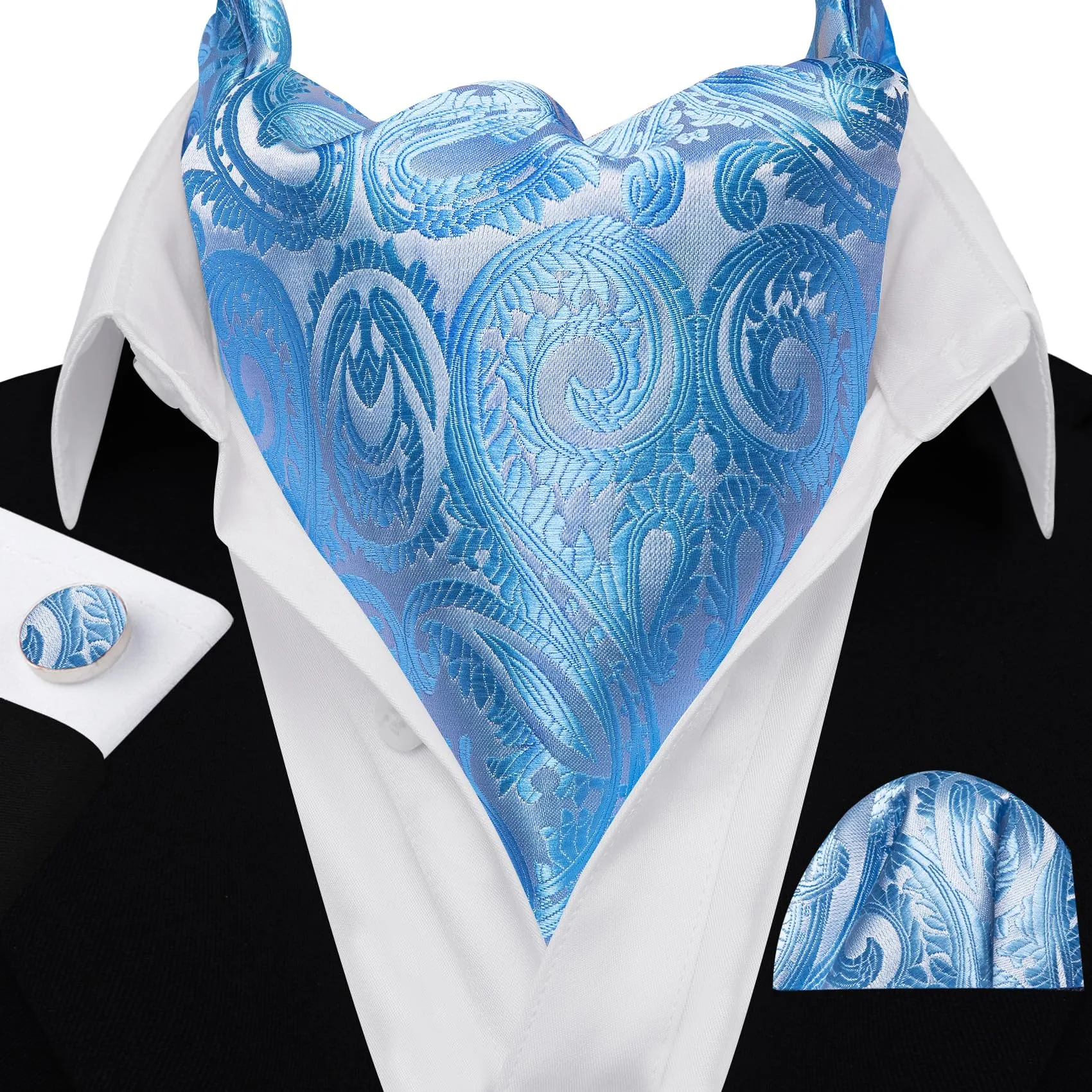Barry.Wang - Cravatta in seta da uomo, con nodo Ascot e stampa paisley, con fazzoletto da tasca quadrato e gemelli, set per matrimonio e formale, Taglia unica - immagine 2